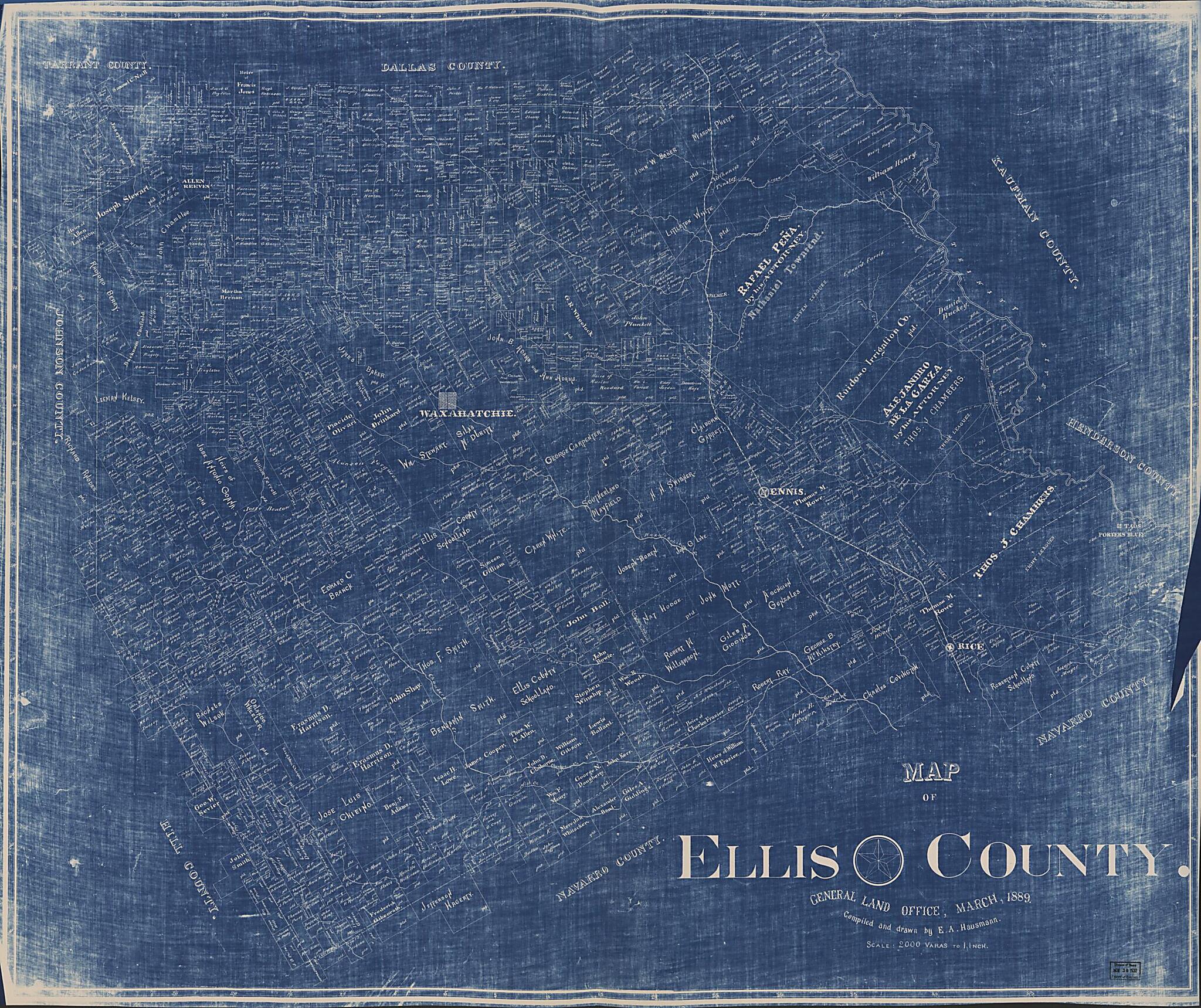 This old map of Map of Ellis County from 1889 was created by E. A. Hausmann, Texas. General Land Office in 1889