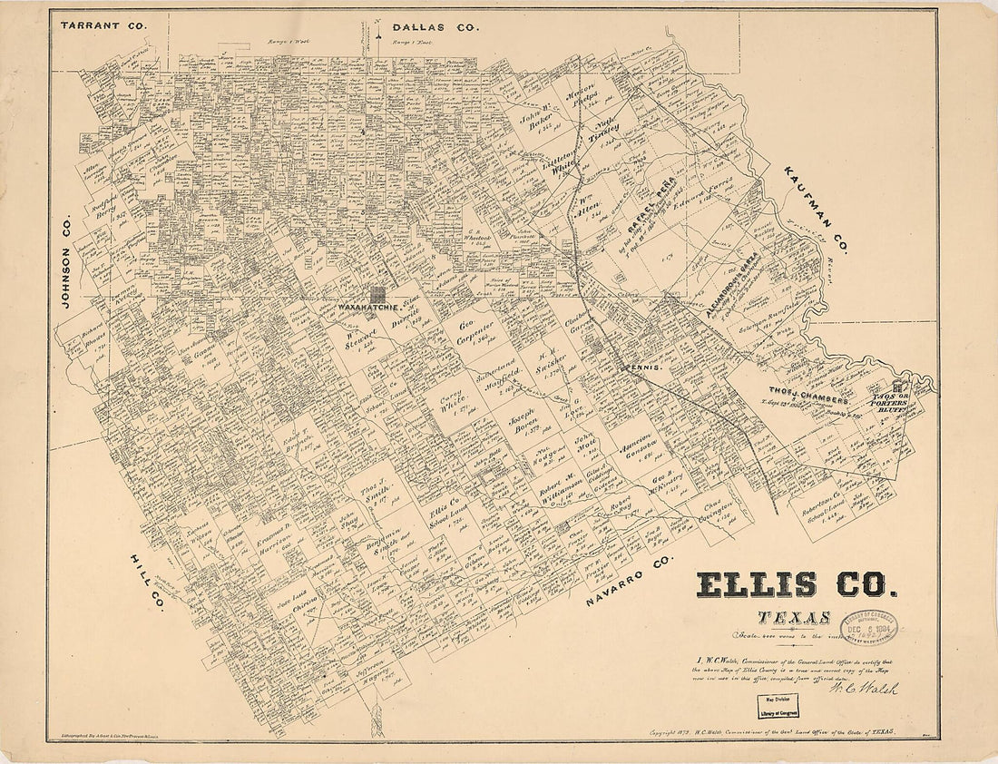 This old map of Ellis County, Texas. (Ellis County, Texas) from 1879 was created by August Gast & Co, Texas. General Land Office, W. C. (William C.) Walsh in 1879