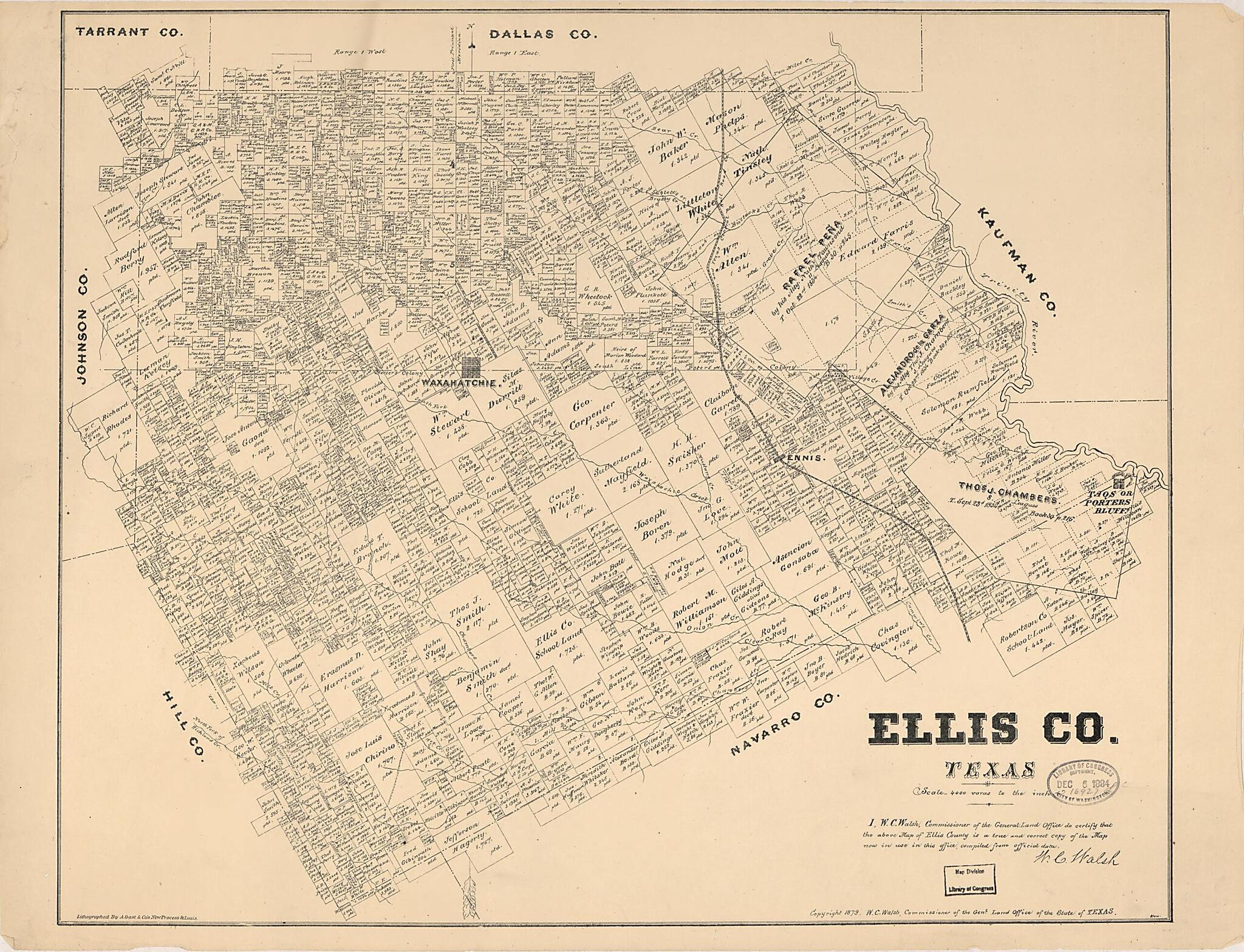 This old map of Ellis County, Texas. (Ellis County, Texas) from 1879 was created by August Gast & Co, Texas. General Land Office, W. C. (William C.) Walsh in 1879