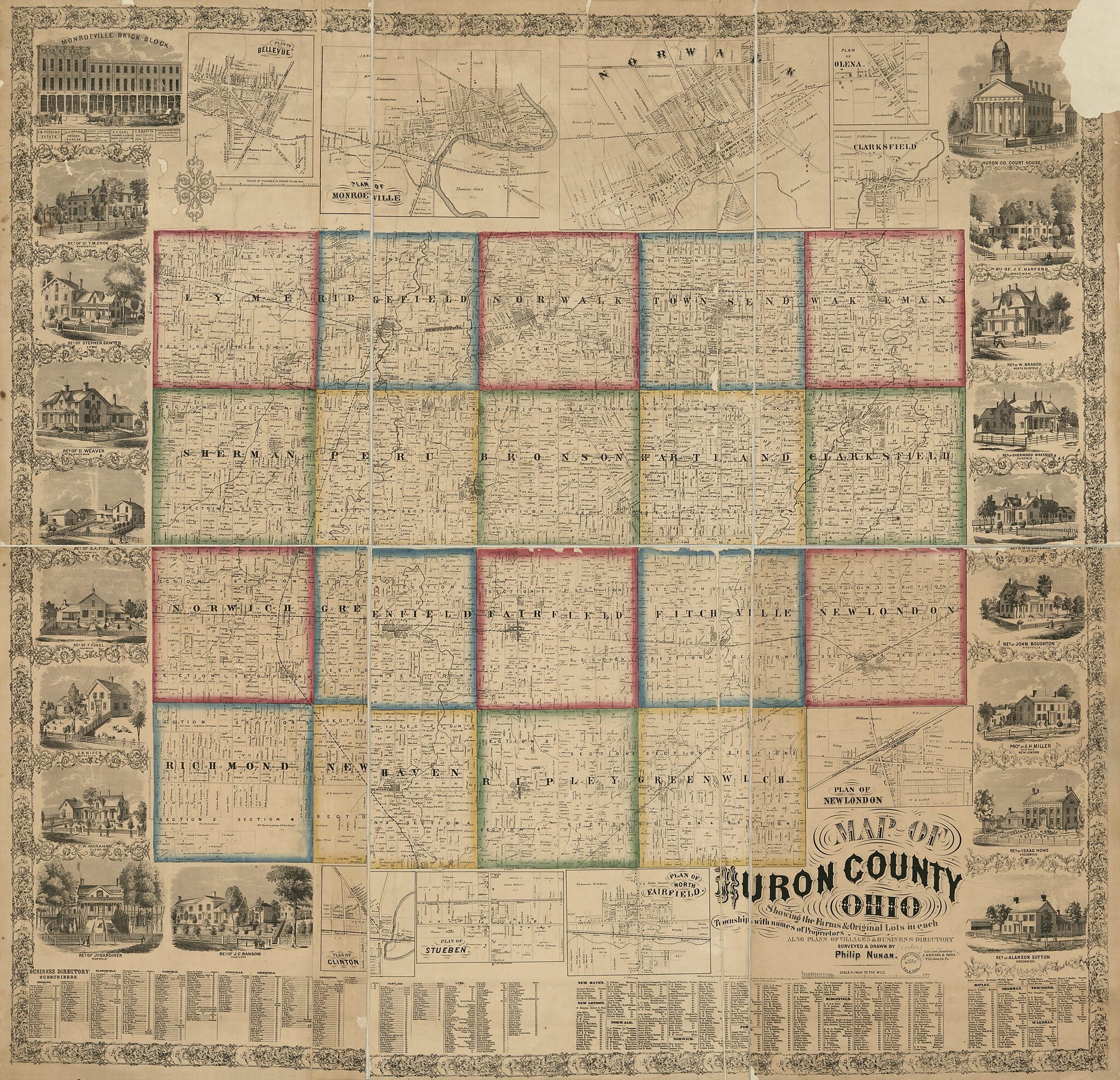 This old map of Map of Huron County, Ohio : Showing the Farms & Original Lots In Each Township With Names of Proprietors, Also Plans of Villages & Business Directory from 1859 was created by Philip Nuan in 1859