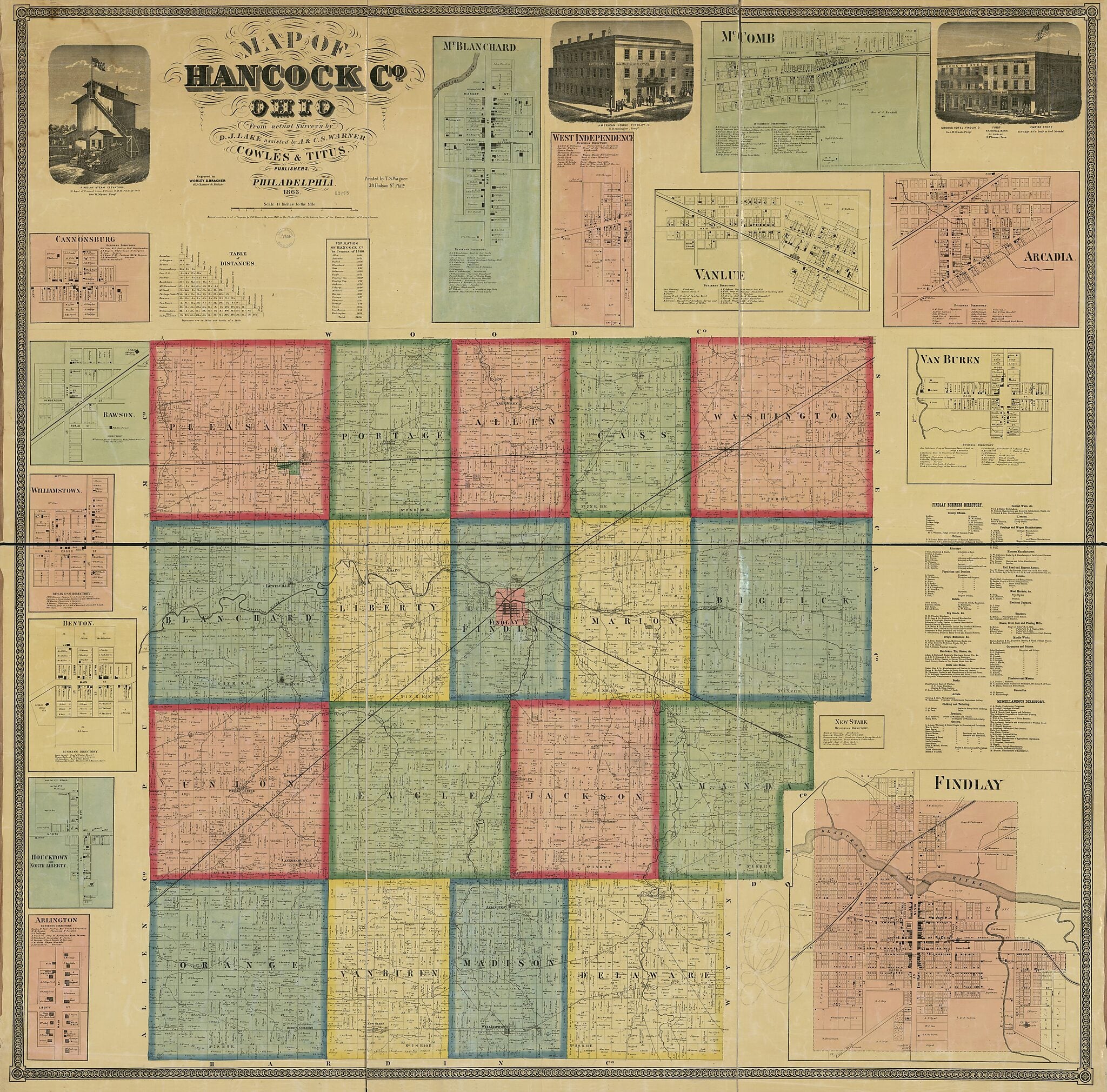 This old map of Map of Hancock County, Ohio from 1863 was created by D. J. Lake, T. S. (Thomas S.) Wagner, A. Warner, Charles S. Warner, Worley & Bracher in 1863