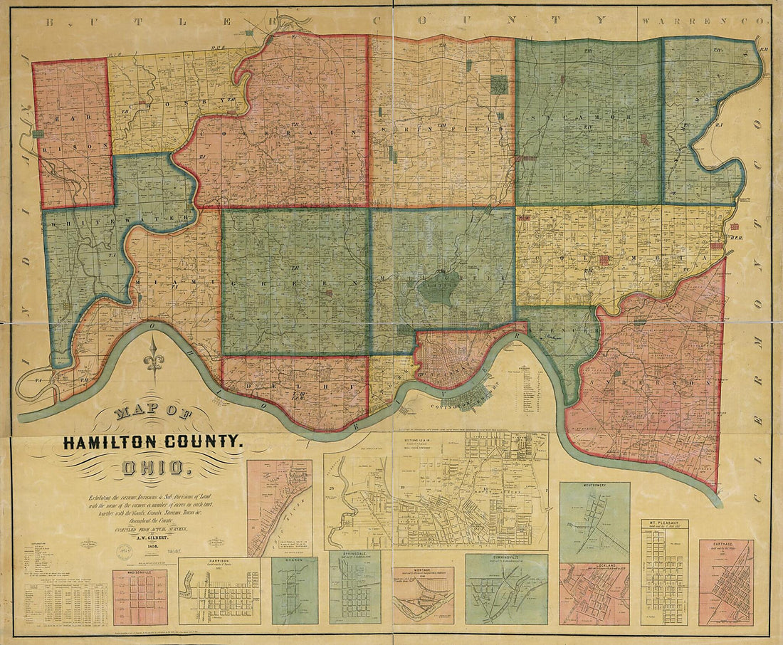 This old map of Map of Hamilton County, Ohio : Exhibiting the Various Divisions and Sub Divisions of Land With the Name of the Owners & Number of Acres In Each Tract Together With the Roads, Canals, Streams, Towns &c. Throughout the County from 1856 was