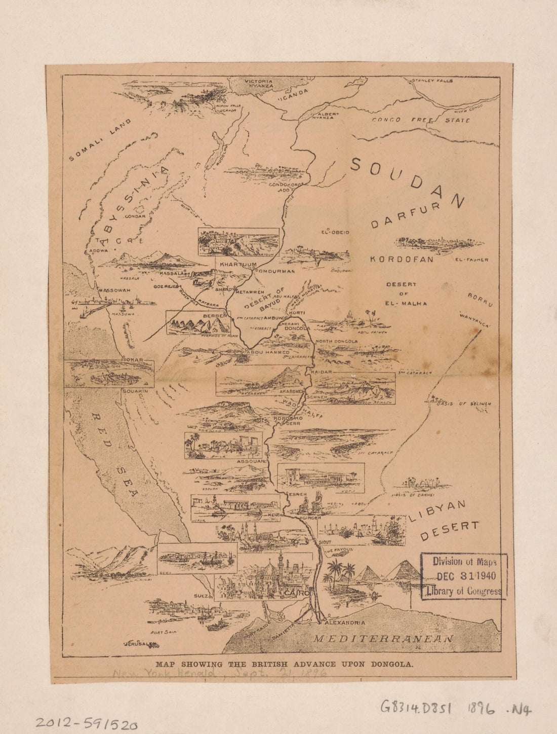 This old map of Map Showing the British Advance Upon Dongola from 1896 was created by Horatio Herbert Kitchener Kitchener, Muḥammad Aḥmad Mahdī, New York Herald Company in 1896