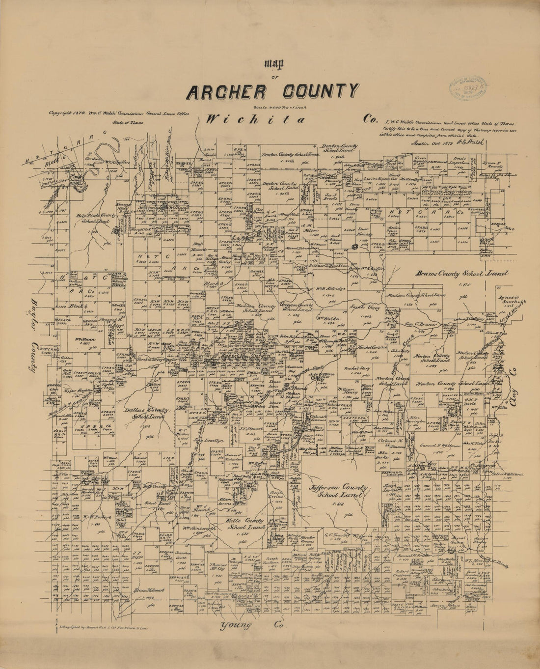 This old map of Map of Archer County from 1879 was created by August Gast & Co, Texas. General Land Office, W. C. (William C.) Walsh in 1879