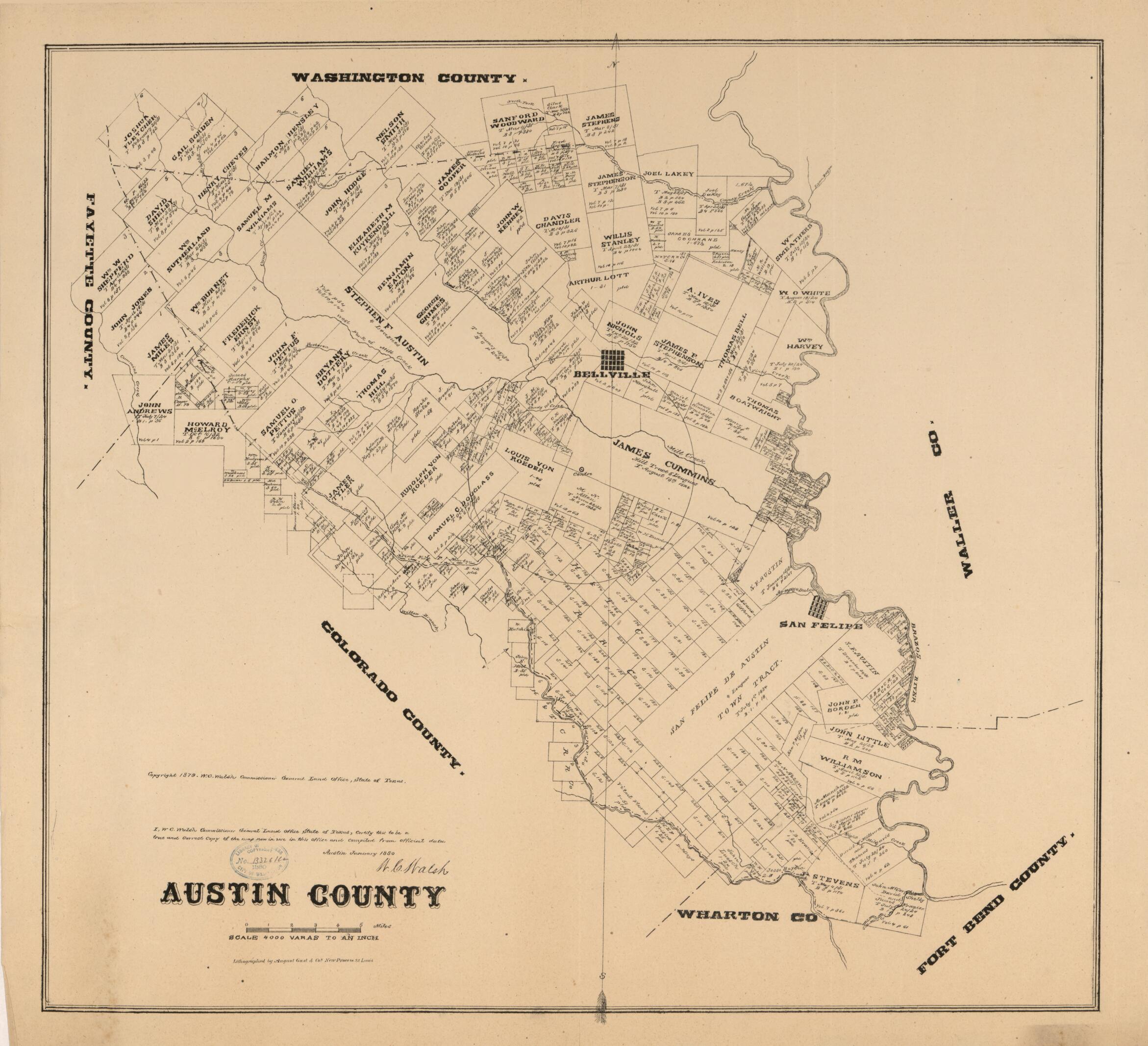This old map of Austin County from 1879 was created by August Gast & Co, Texas. General Land Office, W. C. (William C.) Walsh in 1879