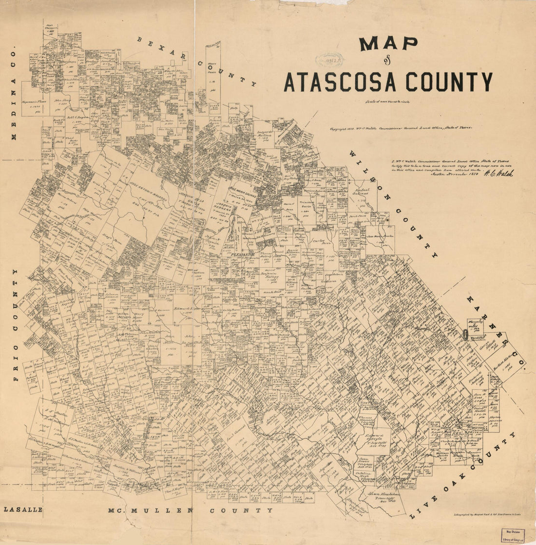 This old map of Map of Atascosa County from 1879 was created by August Gast & Co, Texas. General Land Office, W. C. (William C.) Walsh in 1879