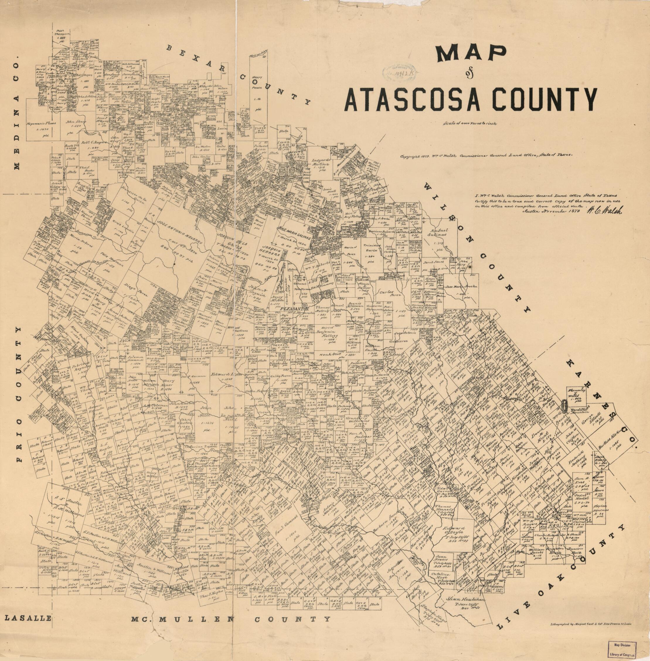 This old map of Map of Atascosa County from 1879 was created by August Gast & Co, Texas. General Land Office, W. C. (William C.) Walsh in 1879