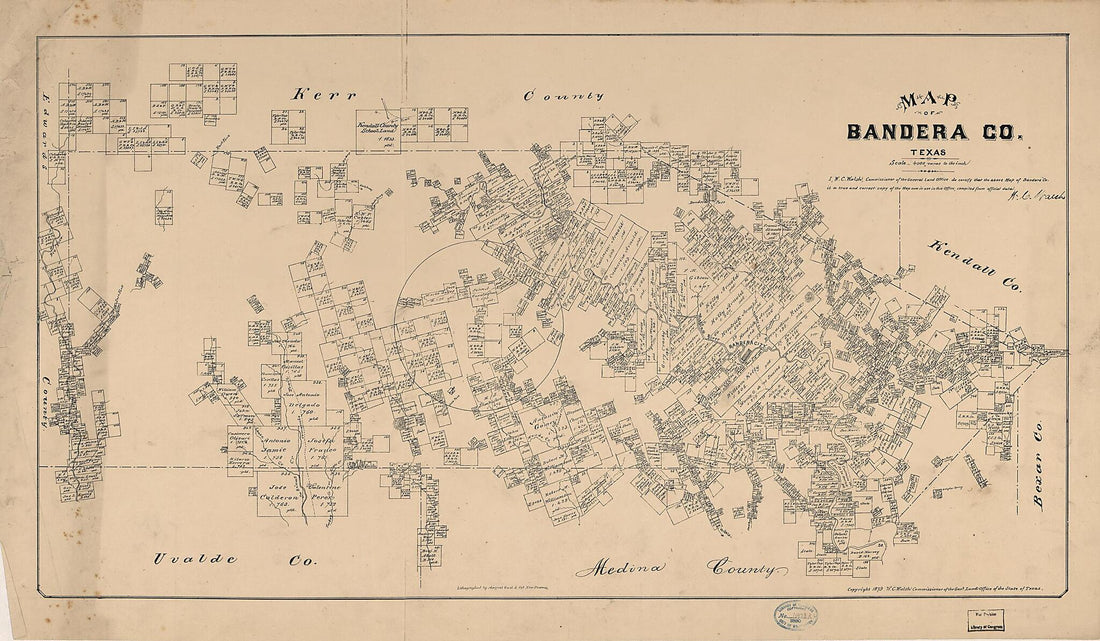 This old map of Map of Bandera County, Texas from 1879 was created by August Gast & Co, Texas. General Land Office, W. C. (William C.) Walsh in 1879