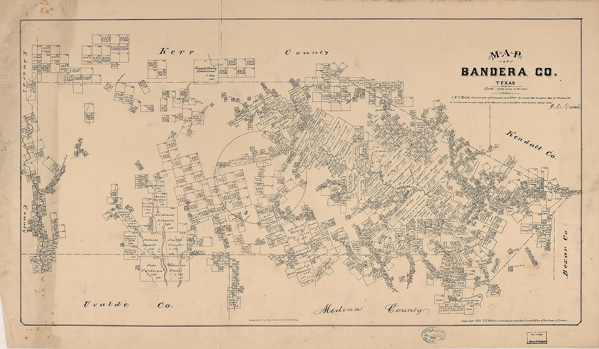 This old map of Map of Bandera County, Texas from 1879 was created by August Gast & Co, Texas. General Land Office, W. C. (William C.) Walsh in 1879