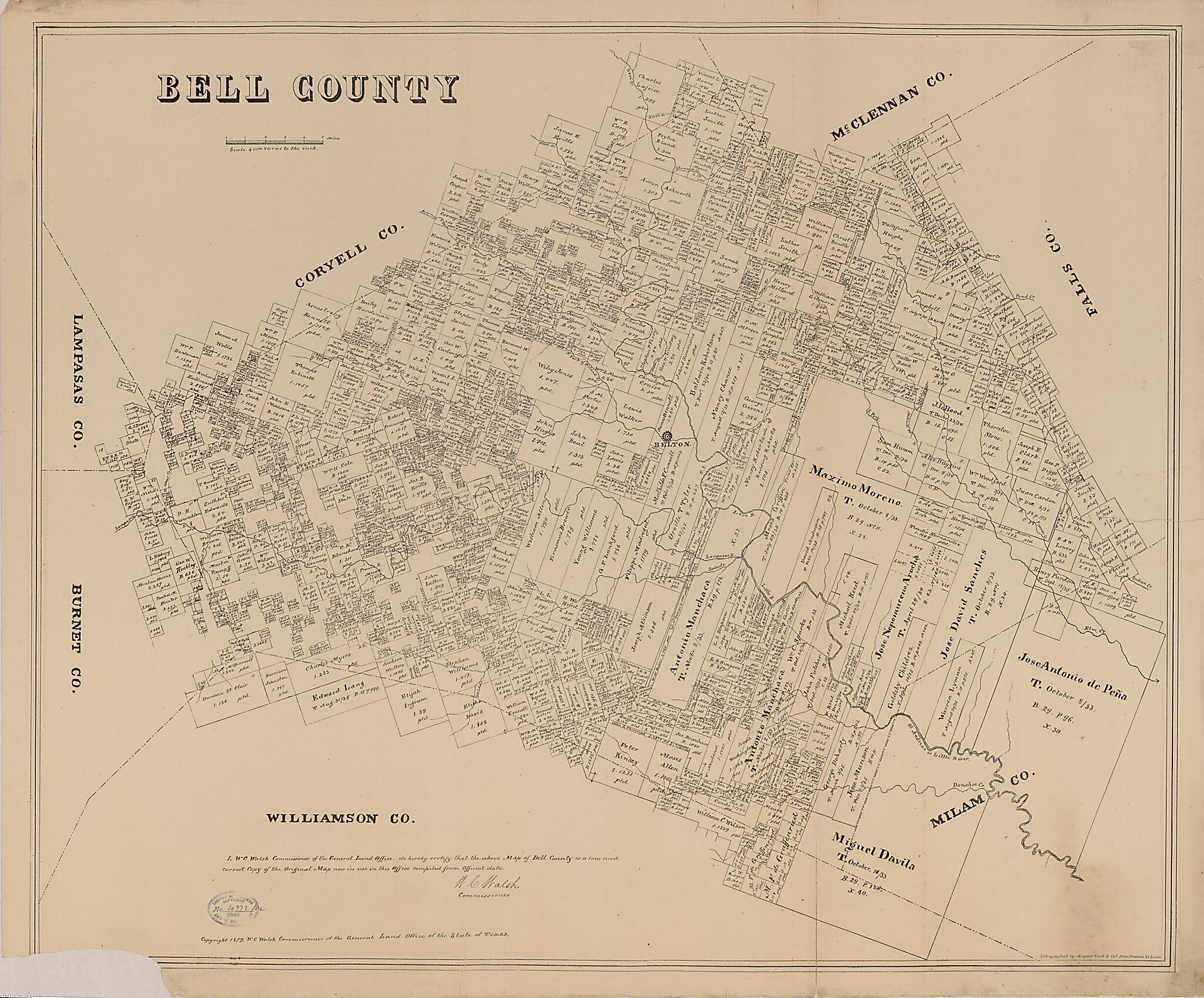 This old map of Bell County from 1879 was created by August Gast & Co, Texas. General Land Office, W. C. (William C.) Walsh in 1879