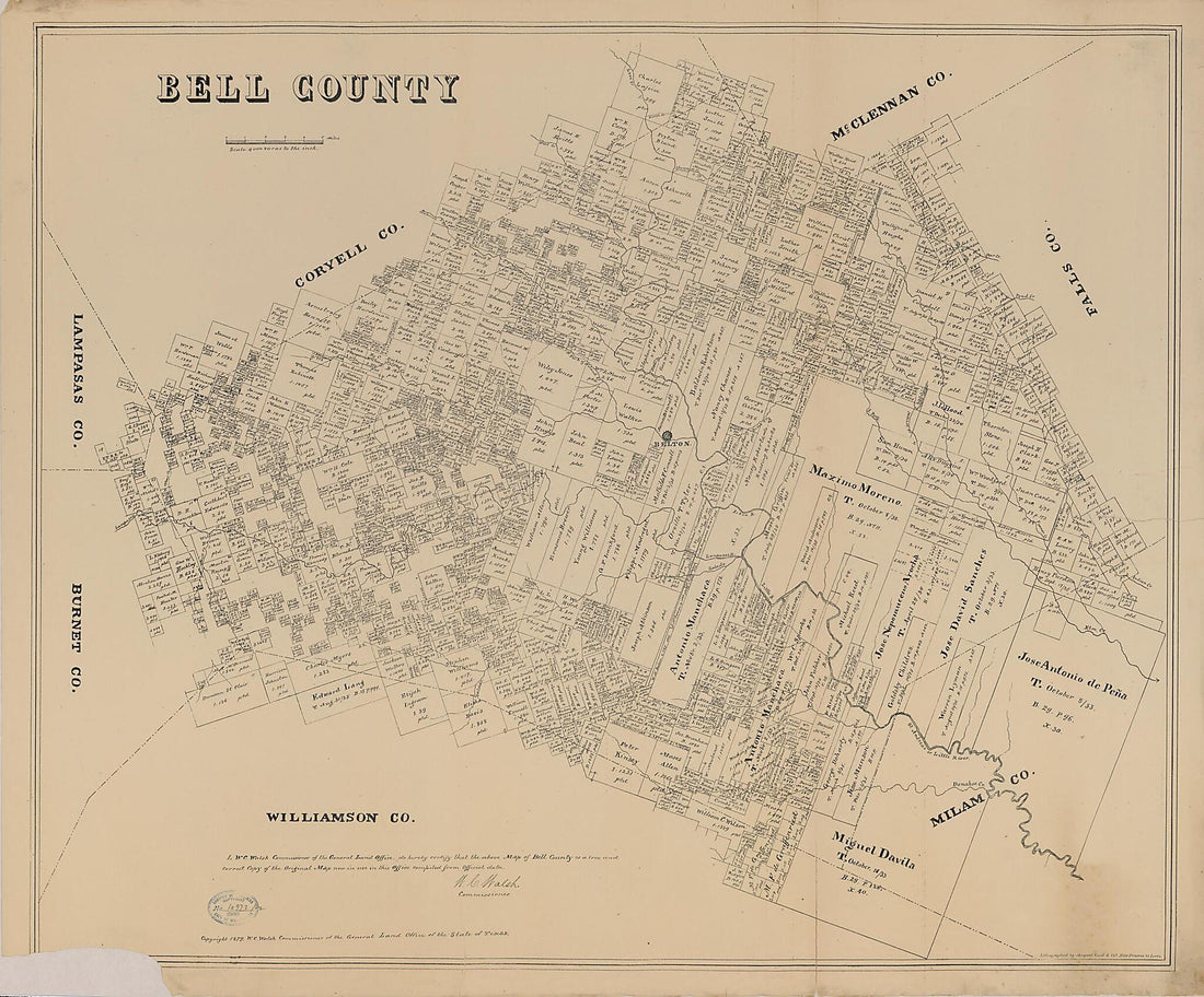 This old map of Bell County from 1879 was created by August Gast & Co, Texas. General Land Office, W. C. (William C.) Walsh in 1879