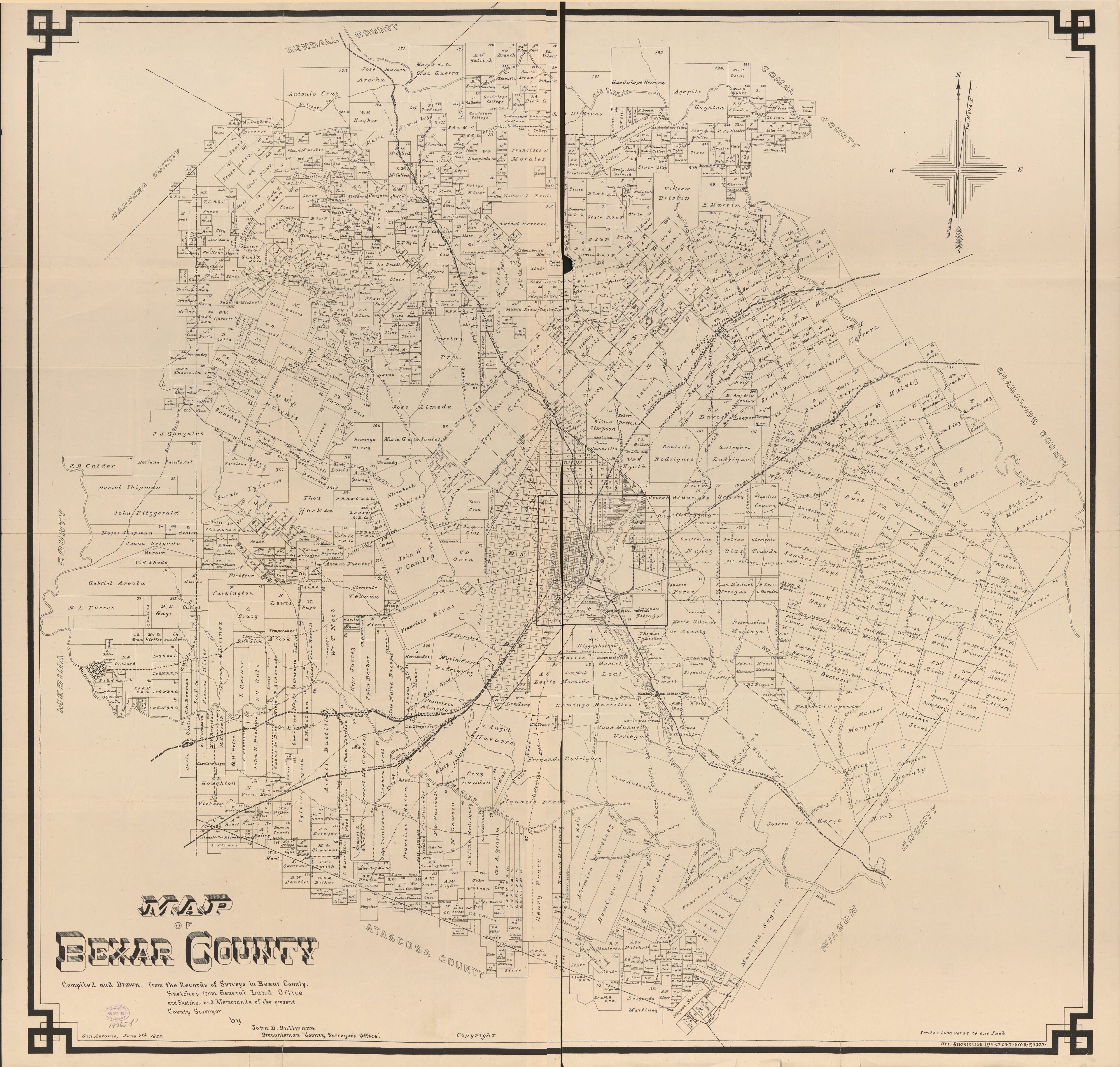 This old map of Map of Bexar County from 1887 was created by John D. Rullmann, Texas. General Land Office in 1887