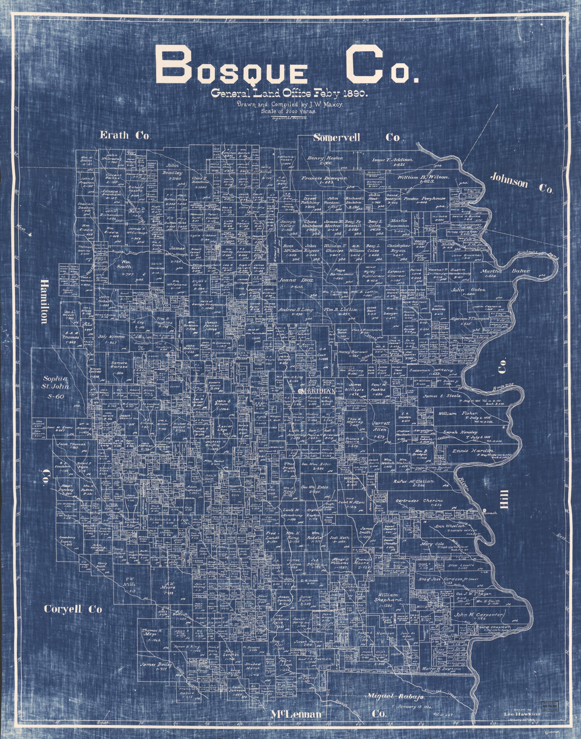 This old map of Bosque County from 1890 was created by J. W. Maxcy, Texas. General Land Office in 1890
