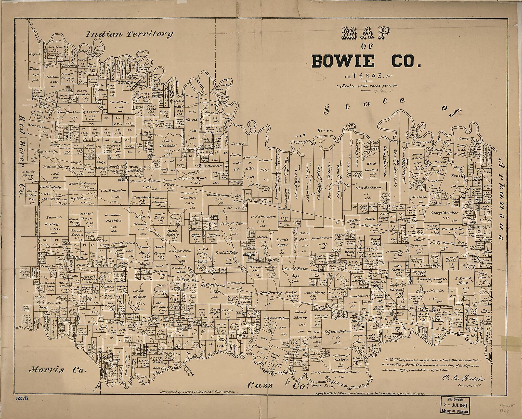 This old map of Map of Bowie County, Texas from 1879 was created by August Gast & Co, Texas. General Land Office, W. C. (William C.) Walsh in 1879
