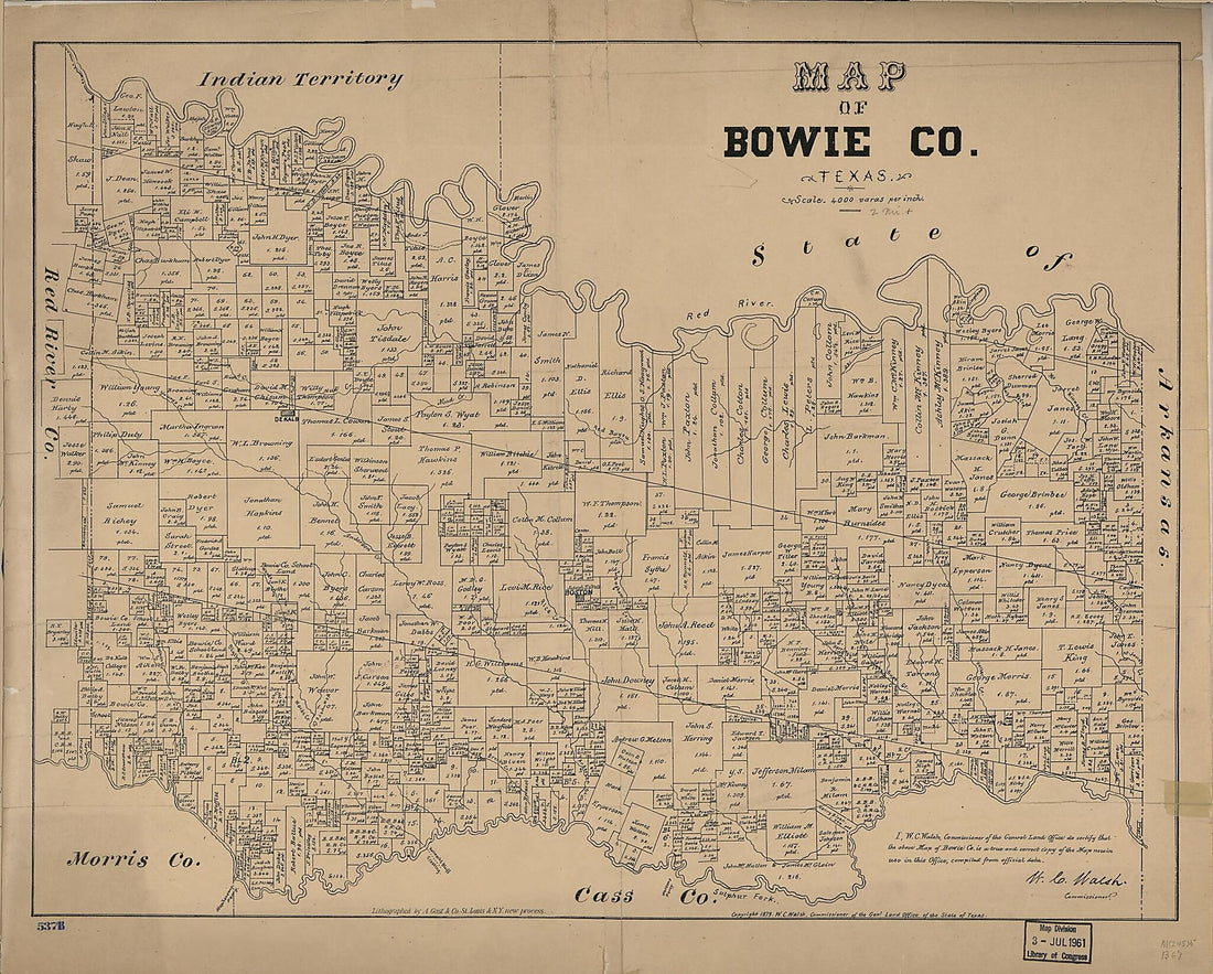 This old map of Map of Bowie County, Texas from 1879 was created by August Gast & Co, Texas. General Land Office, W. C. (William C.) Walsh in 1879