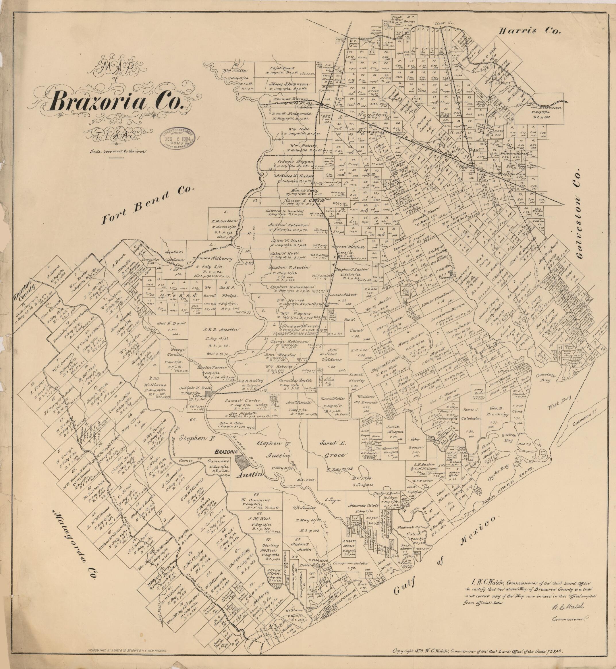 This old map of Map of Brazoria Co., Texas (Map of Brazoria County, Texas) from 1879 was created by August Gast & Co, Texas. General Land Office, W. C. (William C.) Walsh in 1879