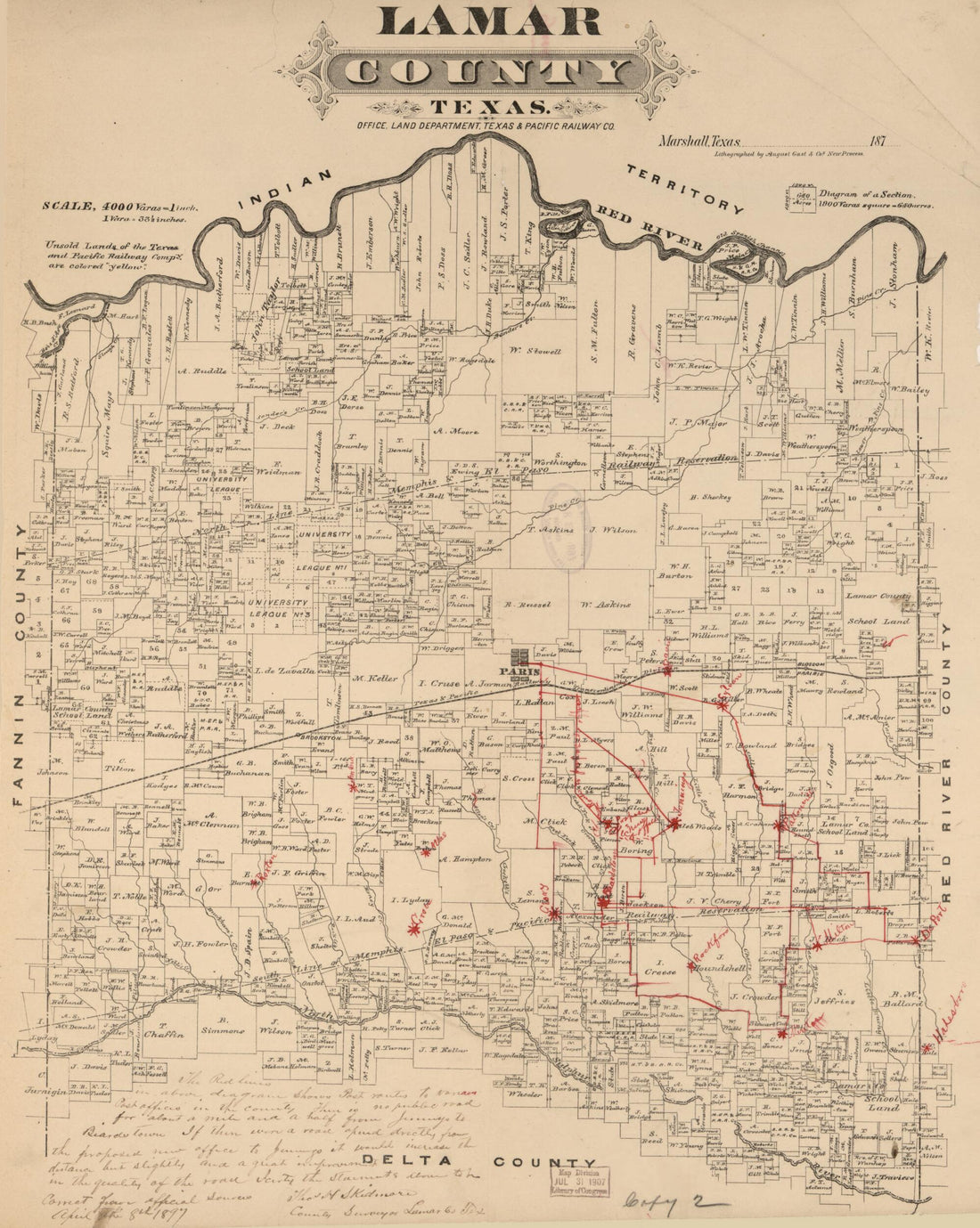 This old map of Lamar County, Texas from 1870 was created by Texas & Pacific Railway in 1870