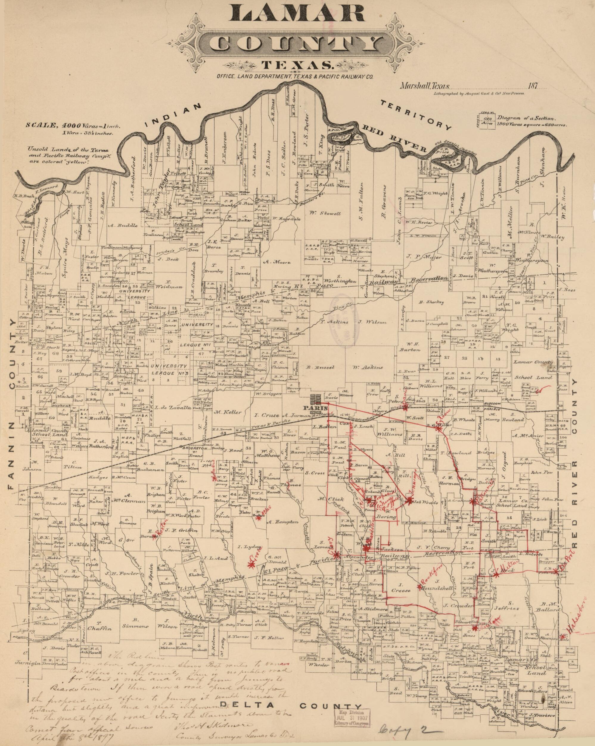 This old map of Lamar County, Texas from 1870 was created by Texas & Pacific Railway in 1870
