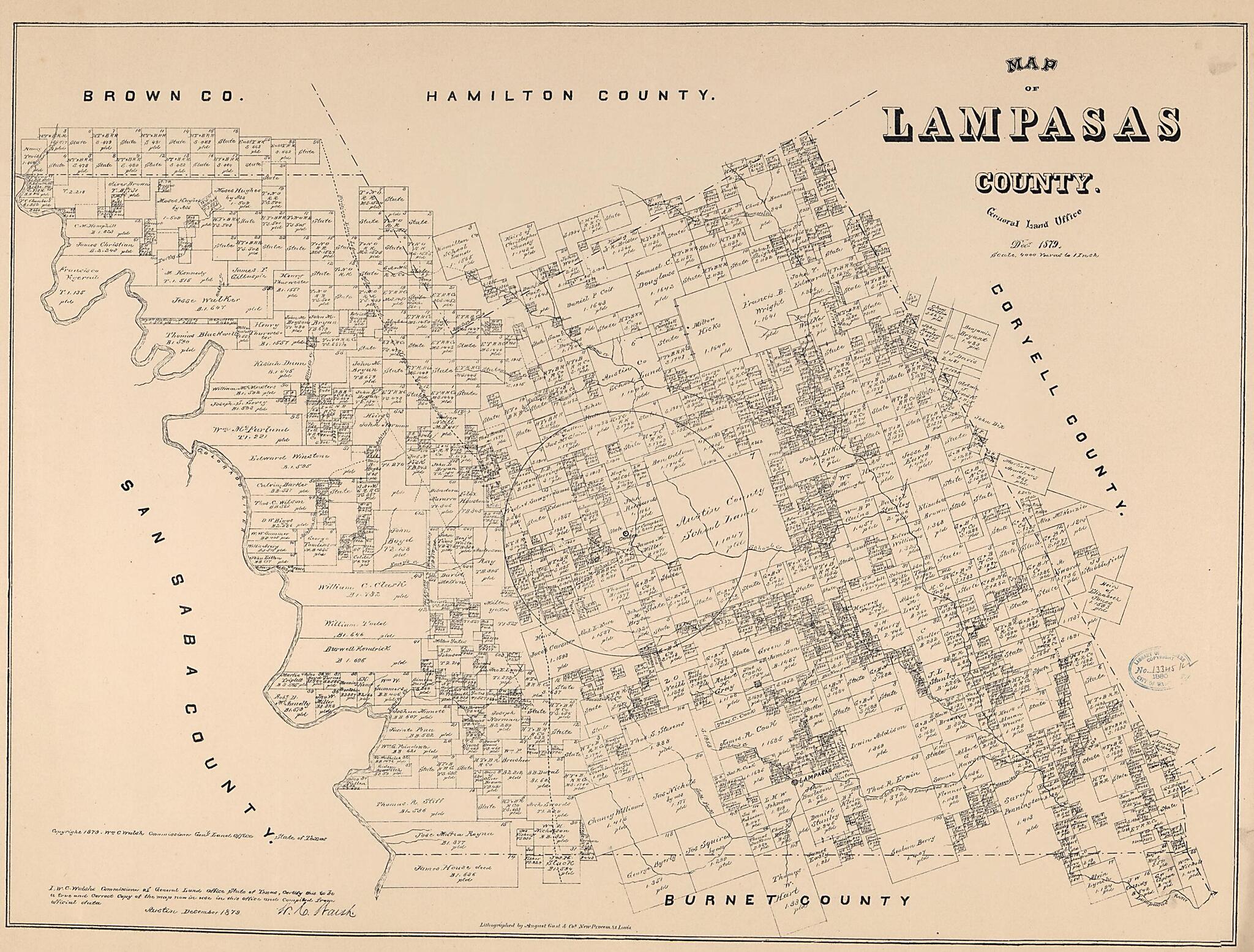 This old map of Map of Lampasas County from 1879 was created by August Gast & Co, Texas. General Land Office, W. C. (William C.) Walsh in 1879