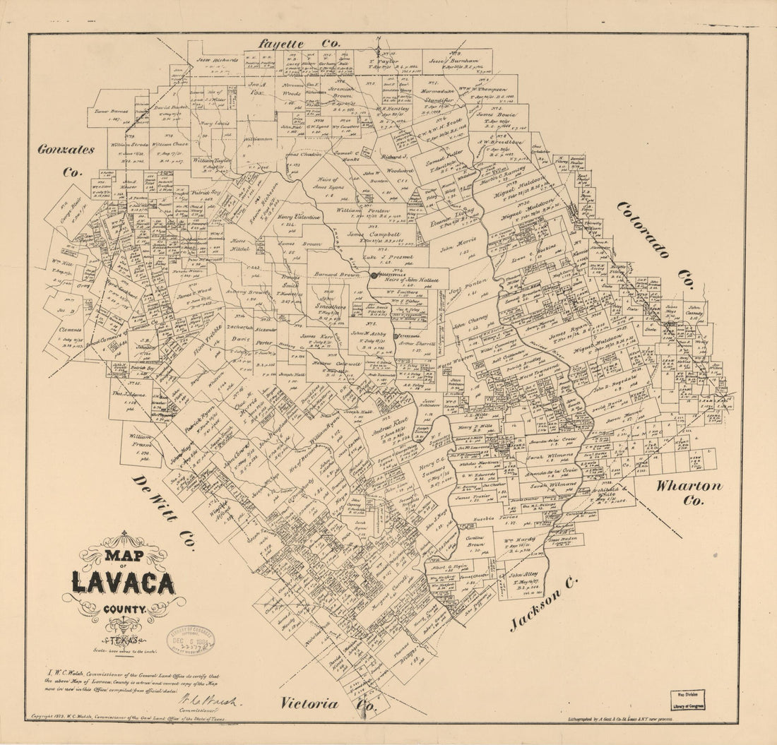 This old map of Map of Lavaca County, Texas from 1879 was created by August Gast & Co, Texas. General Land Office, W. C. (William C.) Walsh in 1879