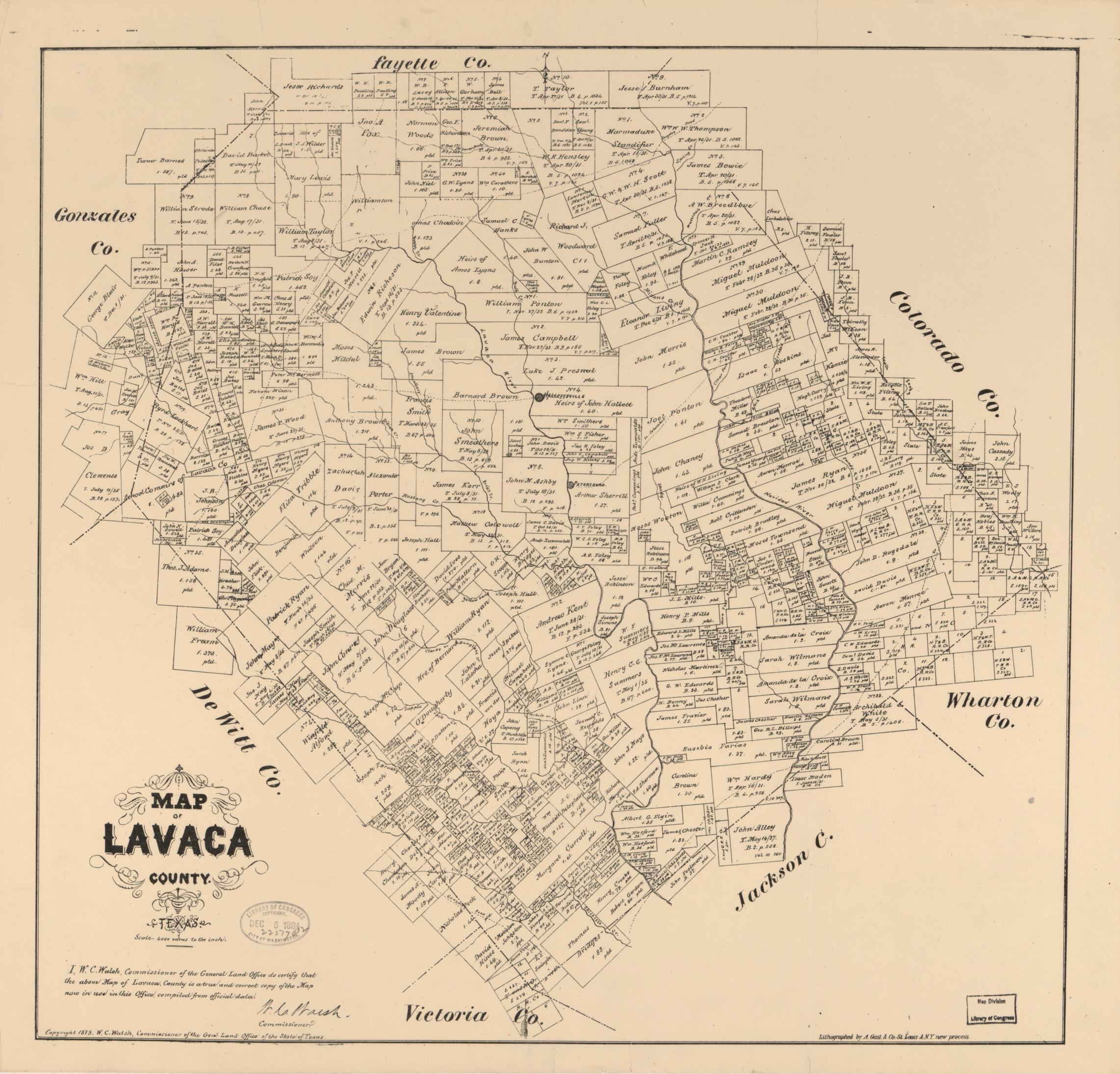 This old map of Map of Lavaca County, Texas from 1879 was created by August Gast & Co, Texas. General Land Office, W. C. (William C.) Walsh in 1879