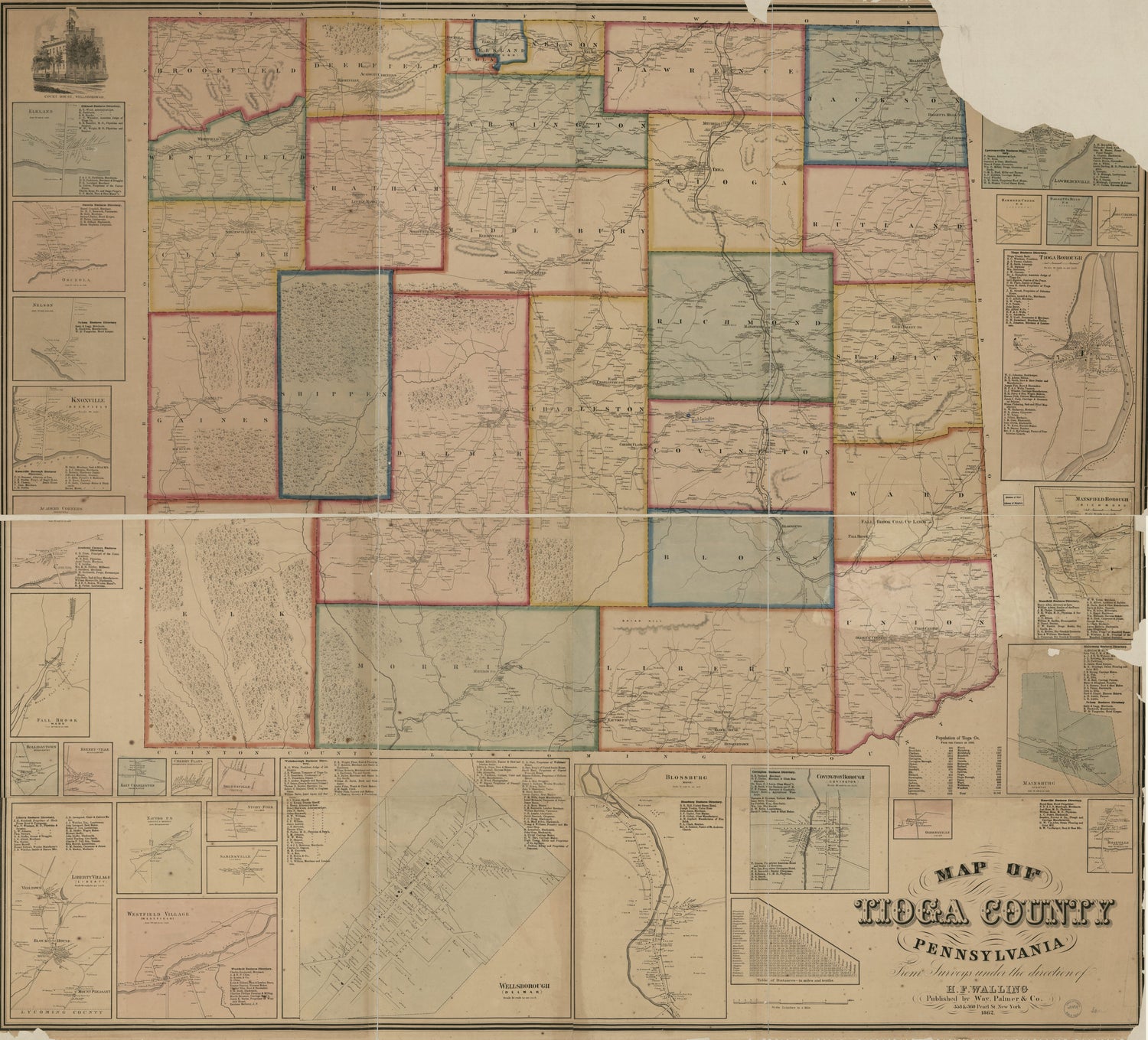 This old map of Map of Tioga County, Pennsylvania from 1862 was created by Henry Francis Walling, Palmer & Co Way in 1862