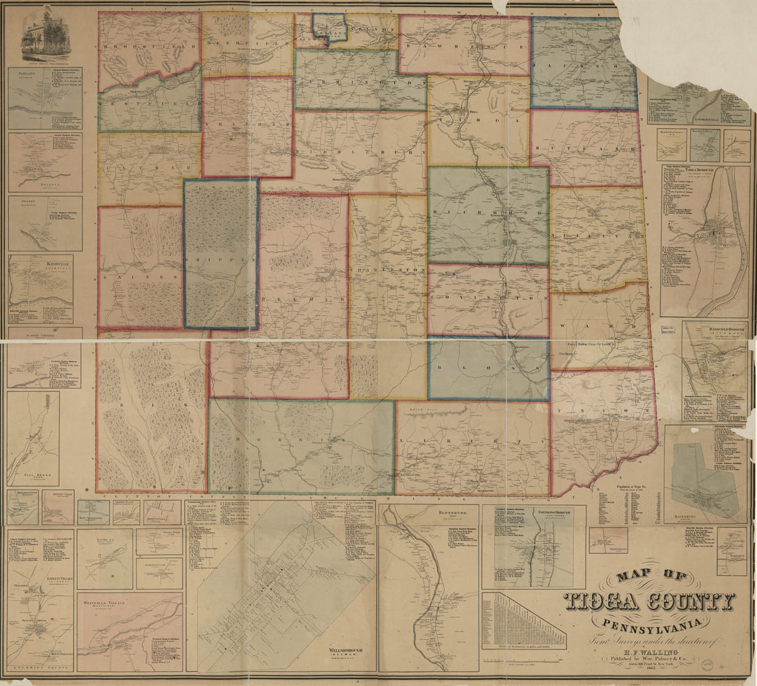 This old map of Map of Tioga County, Pennsylvania from 1862 was created by Henry Francis Walling, Palmer & Co Way in 1862