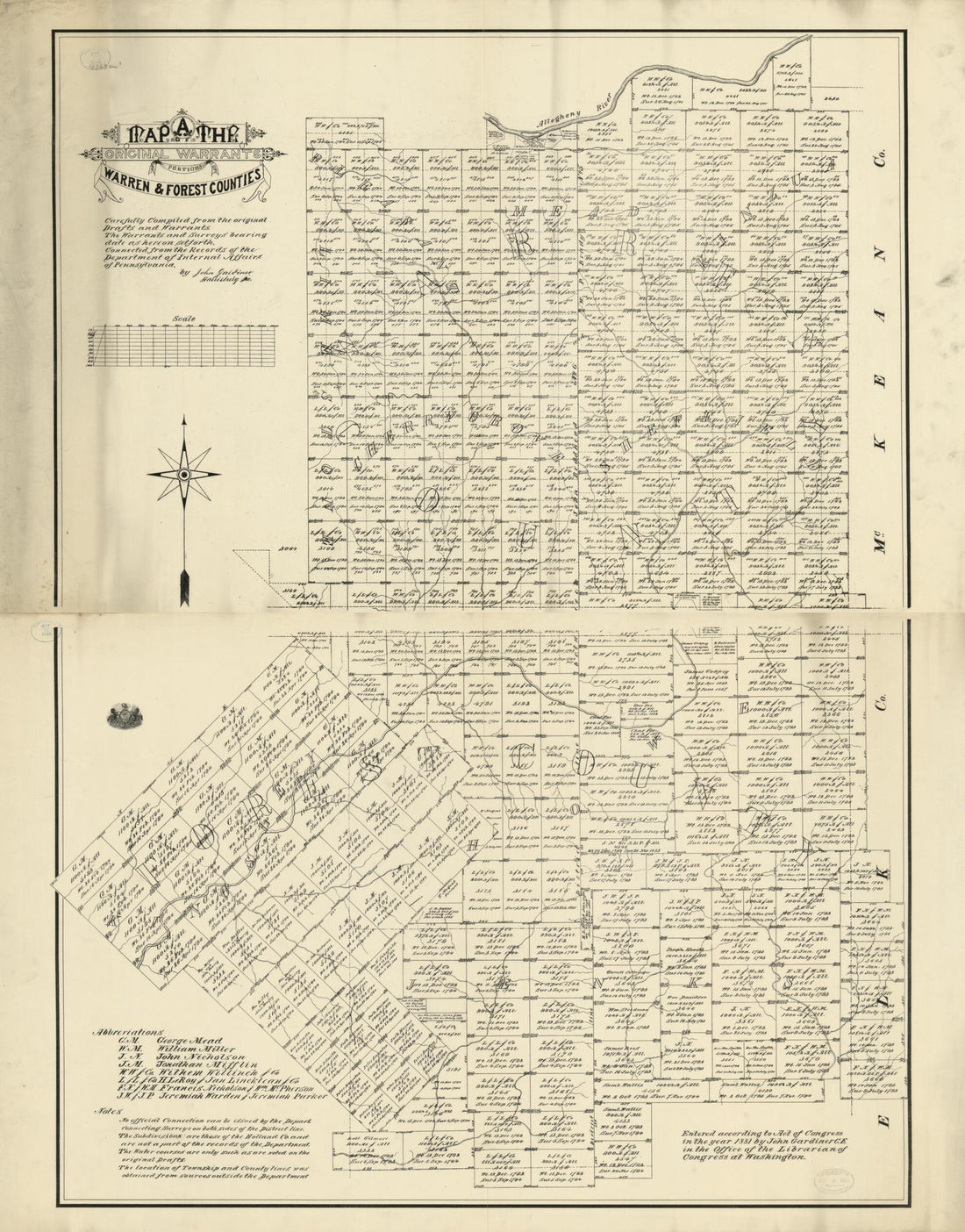 This old map of A Map of the Original Warrants of Portions of Warren & Forest Counties : Carefully Compiled from the Original Drafts and Warrants.. of the Department of Internal Affairs of Pennsylvania from 1881 was created by John Gardiner, Pennsylvani