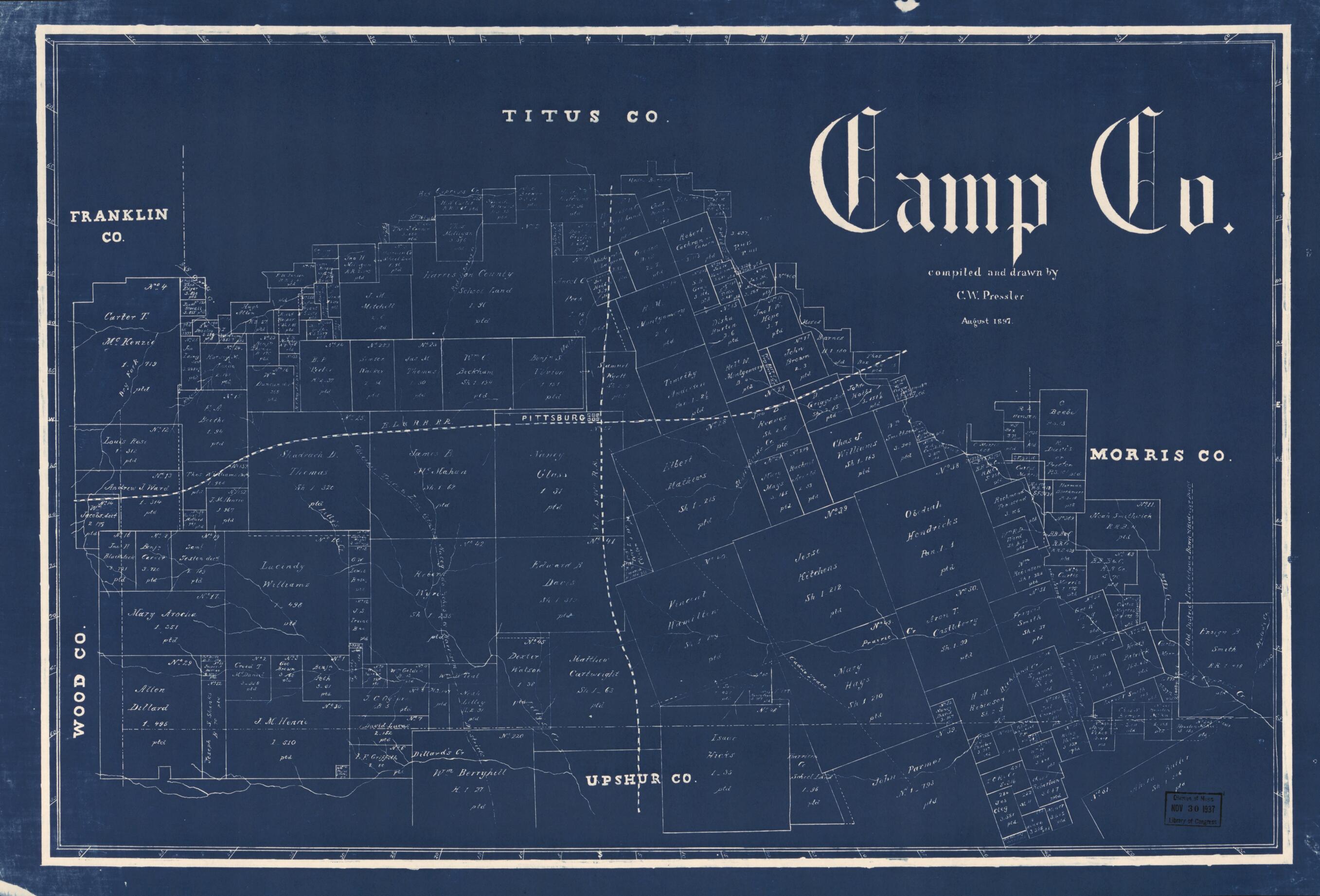 This old map of Camp Co. (Camp County, Texas) from 1897 was created by Chas. W. Pressler in 1897