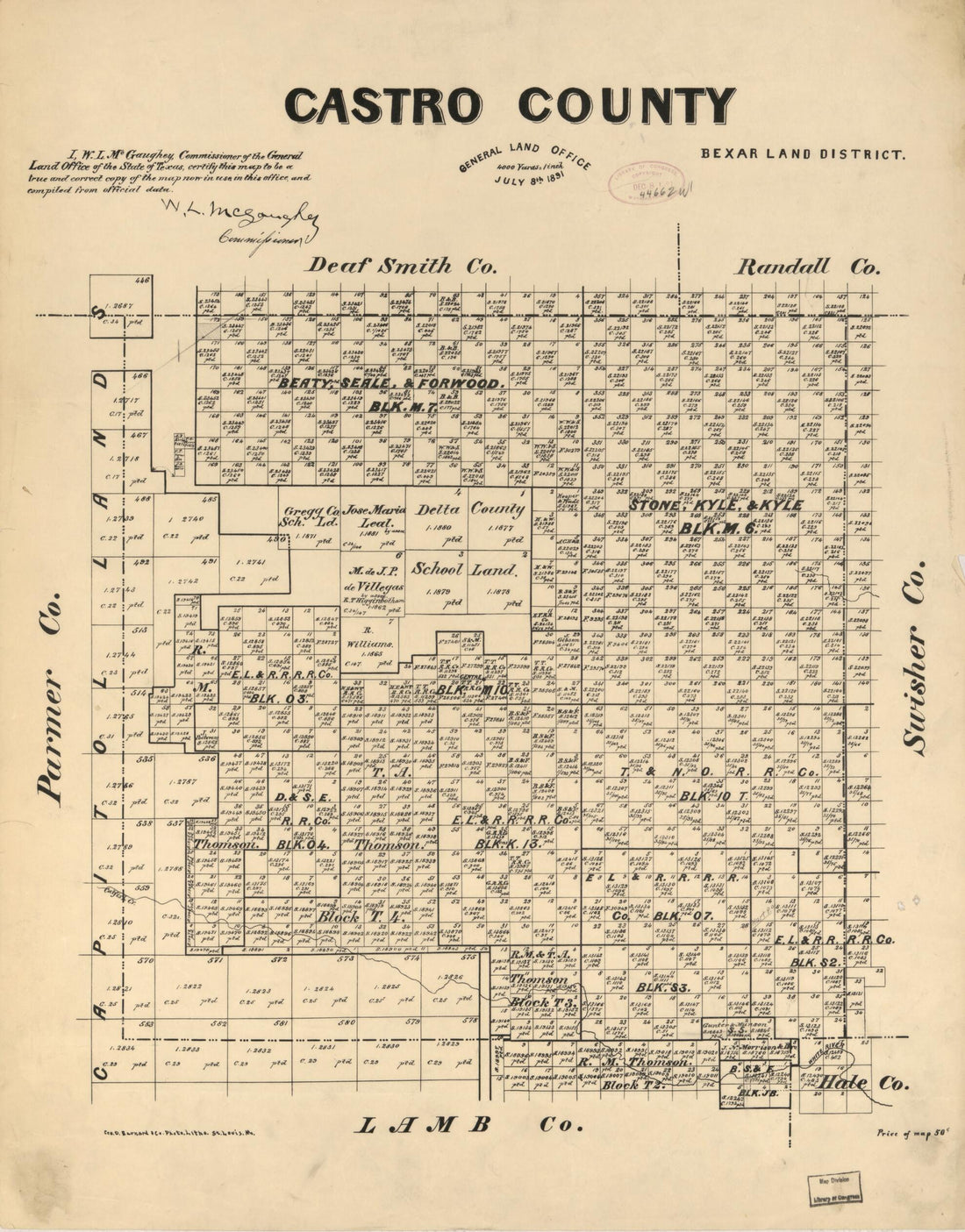 This old map of Castro County from 1891 was created by W. L. McGaughey, Texas. General Land Office in 1891