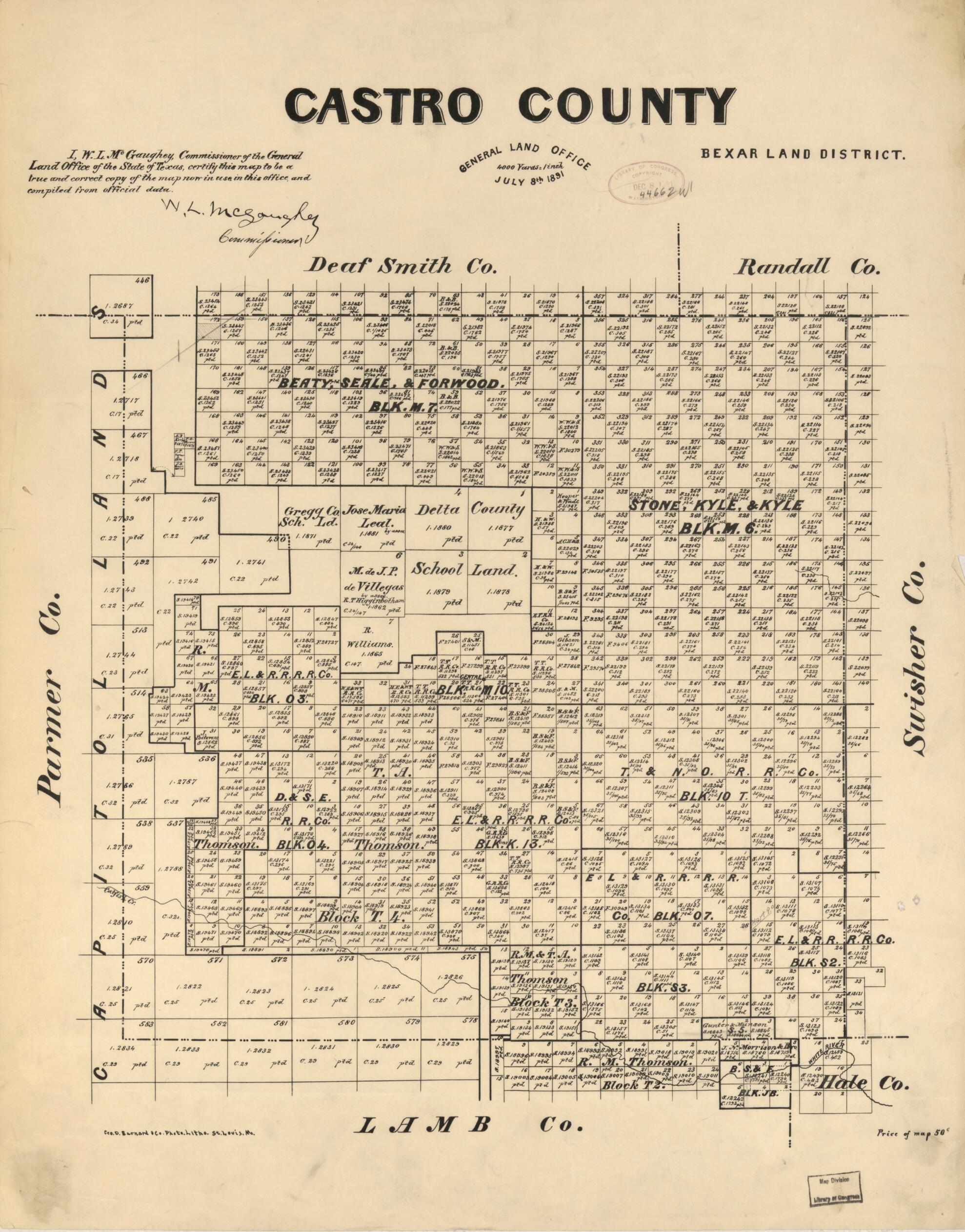 This old map of Castro County from 1891 was created by W. L. McGaughey, Texas. General Land Office in 1891