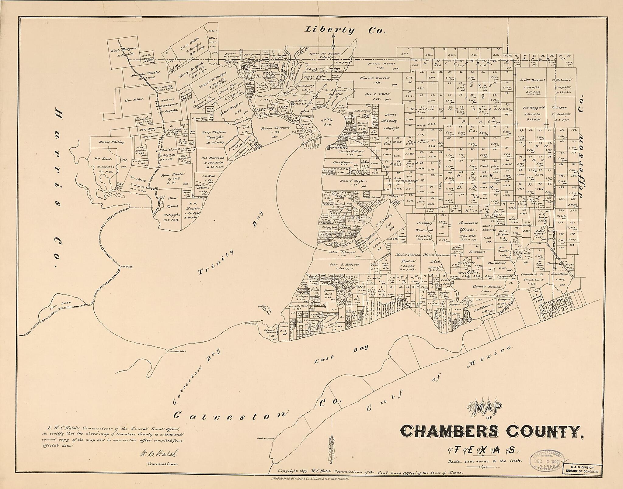 This old map of Map of Chambers County, Texas from 1879 was created by August Gast & Co, Texas. General Land Office, W. C. (William C.) Walsh in 1879