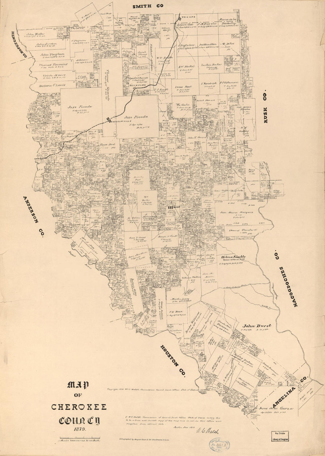 This old map of Map of Cherokee County, from 1879 was created by August Gast & Co, Texas. General Land Office, W. C. (William C.) Walsh in 1879