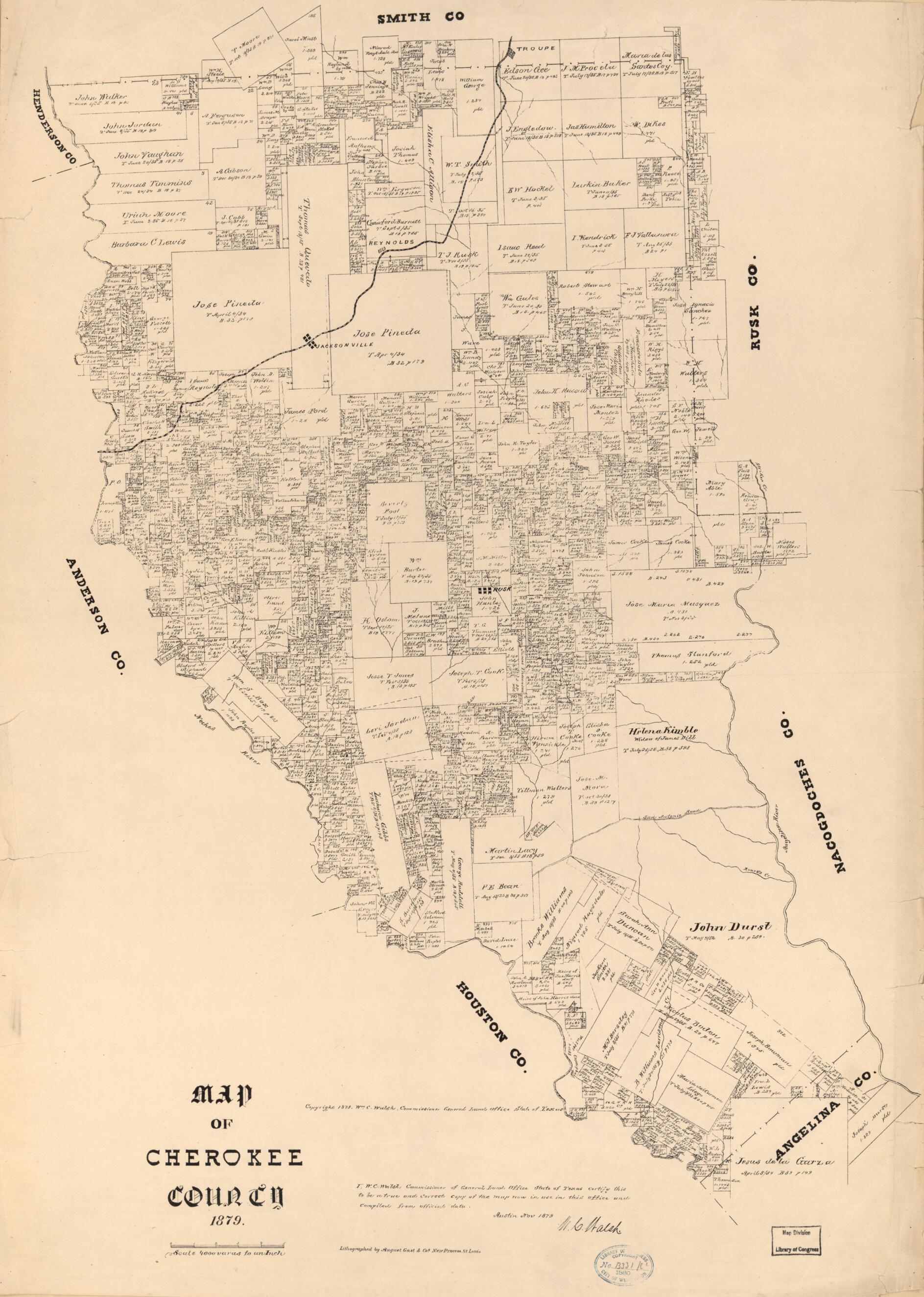 This old map of Map of Cherokee County, from 1879 was created by August Gast & Co, Texas. General Land Office, W. C. (William C.) Walsh in 1879