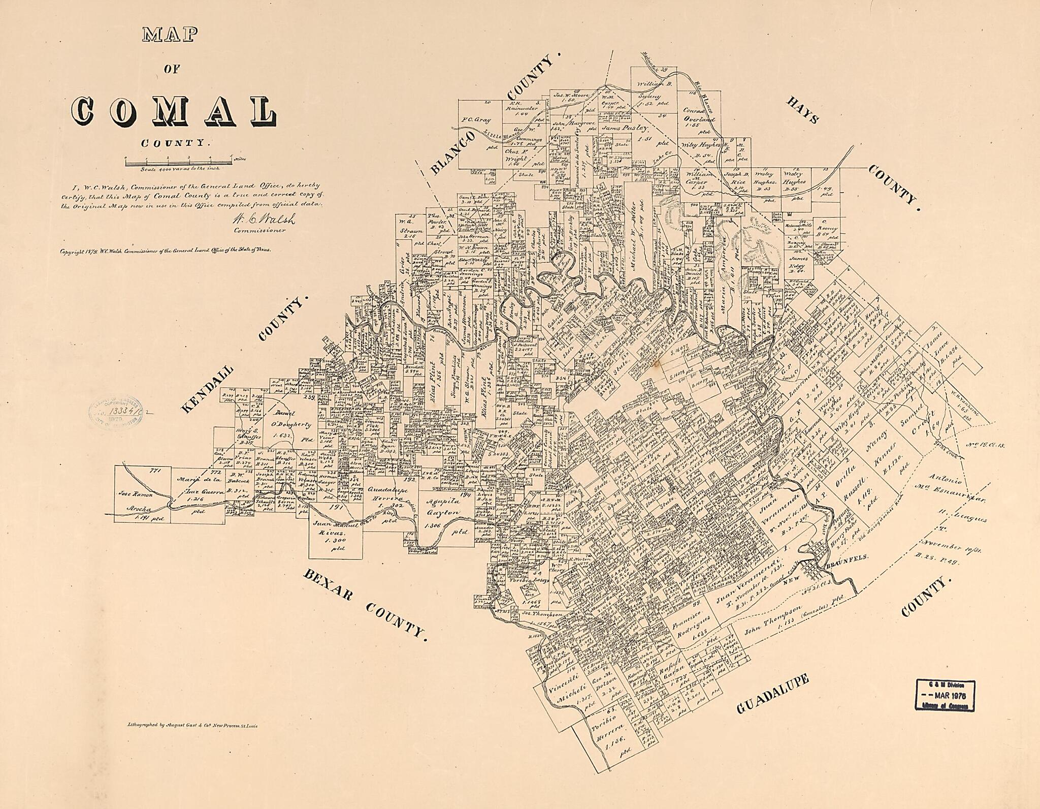 This old map of Map of Comal County from 1879 was created by August Gast & Co, Texas. General Land Office, W. C. (William C.) Walsh in 1879