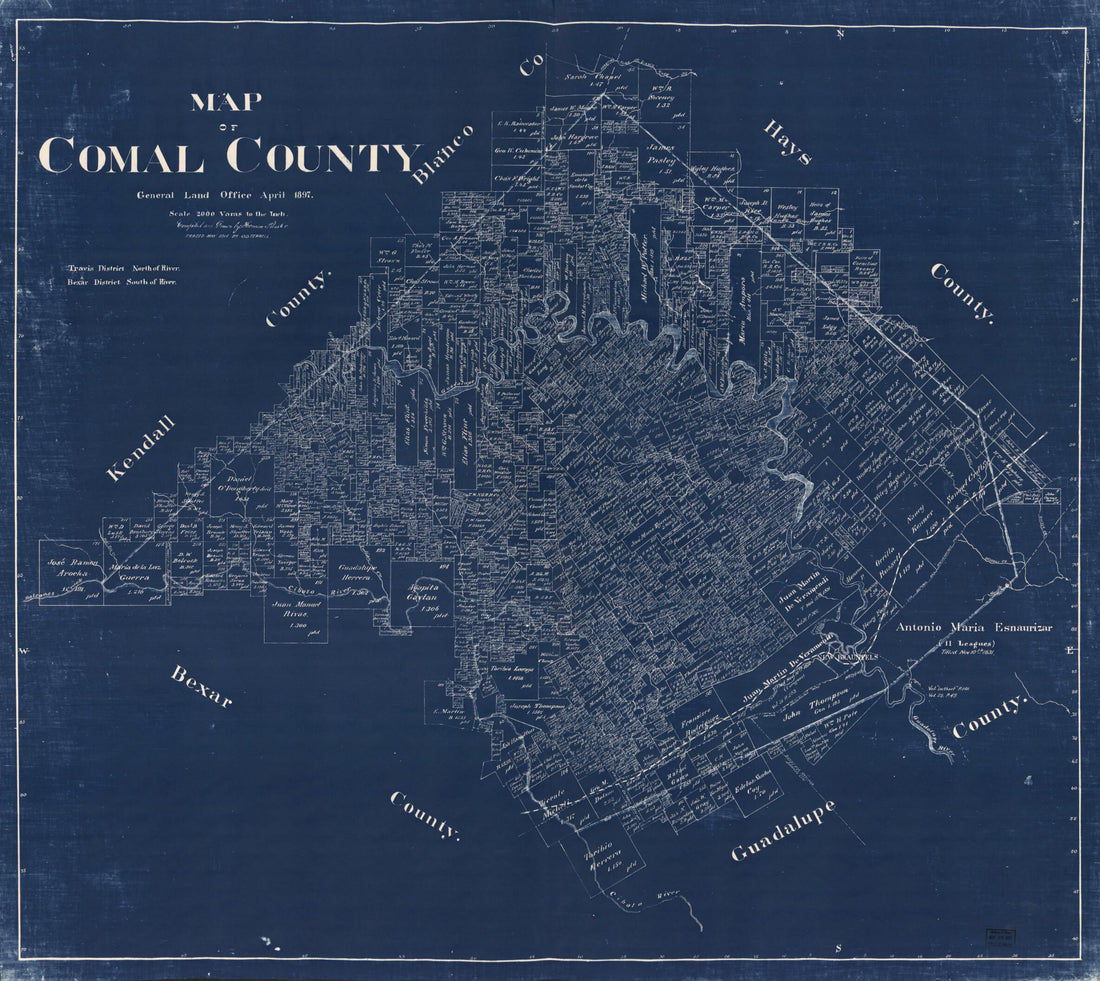 This old map of Map of Comal County from 1897 was created by Herman Pressler, Texas. General Land Office in 1897