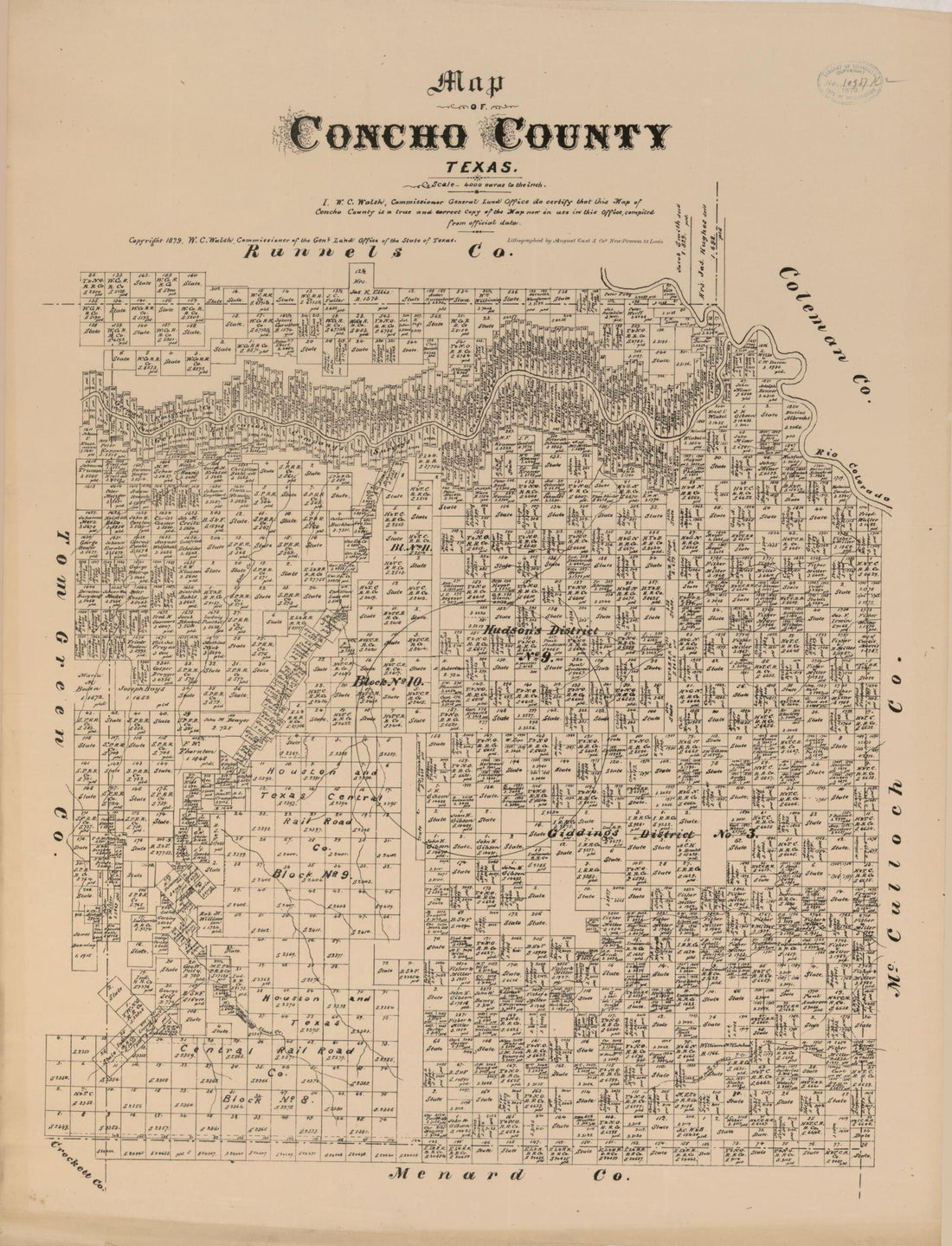 This old map of Map of Concho County, Texas from 1879 was created by August Gast & Co, Texas. General Land Office, W. C. (William C.) Walsh in 1879