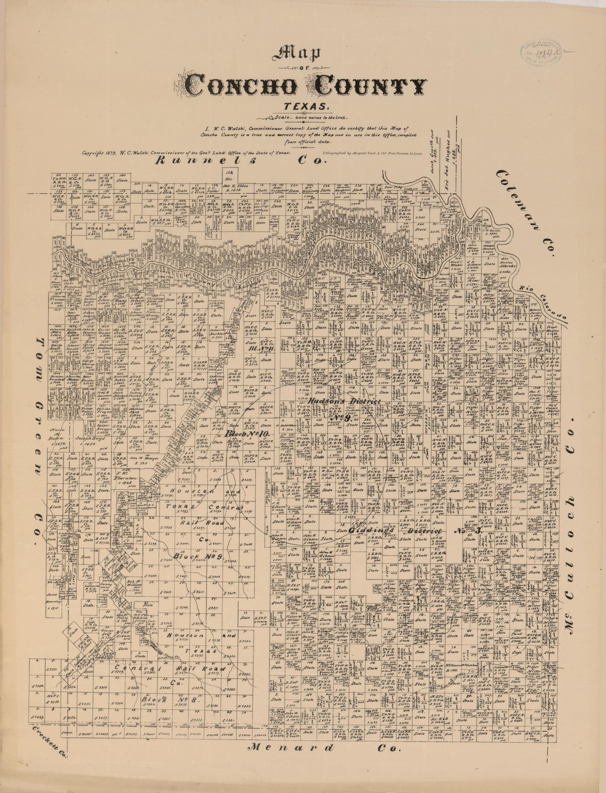 This old map of Map of Concho County, Texas from 1879 was created by August Gast & Co, Texas. General Land Office, W. C. (William C.) Walsh in 1879