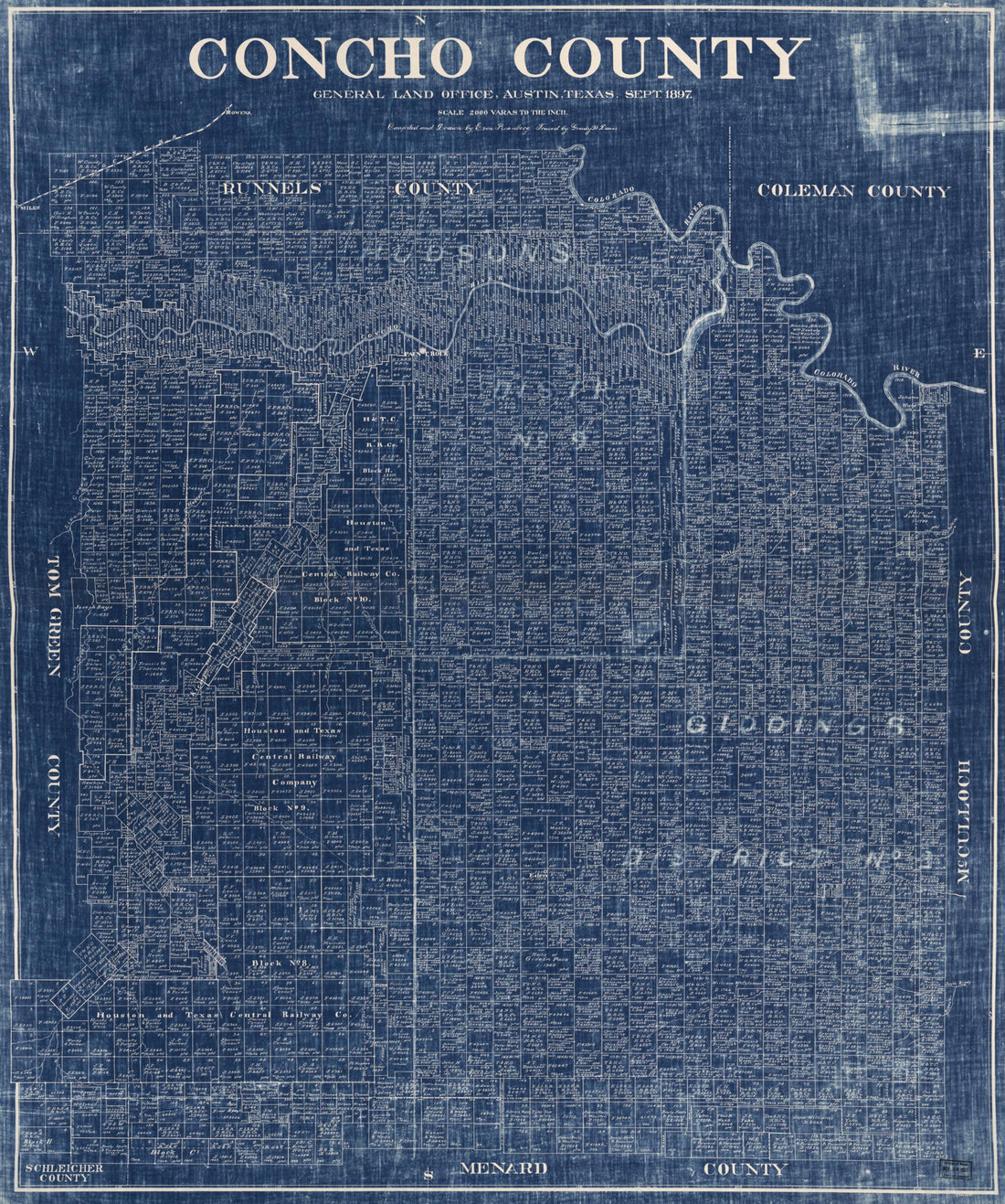 This old map of Concho County from 1897 was created by E. Von Rosenberg, Texas. General Land Office in 1897