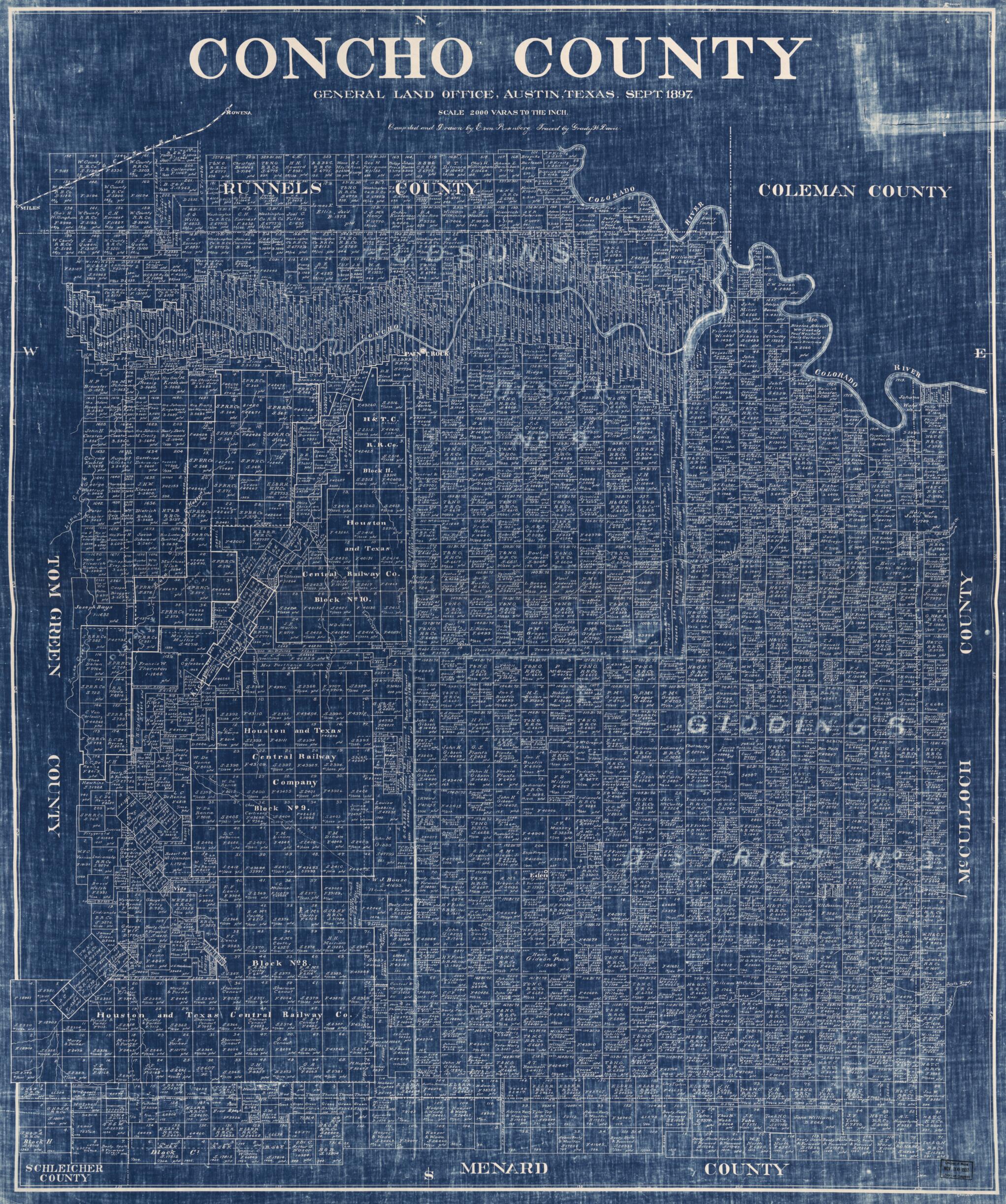 This old map of Concho County from 1897 was created by E. Von Rosenberg, Texas. General Land Office in 1897