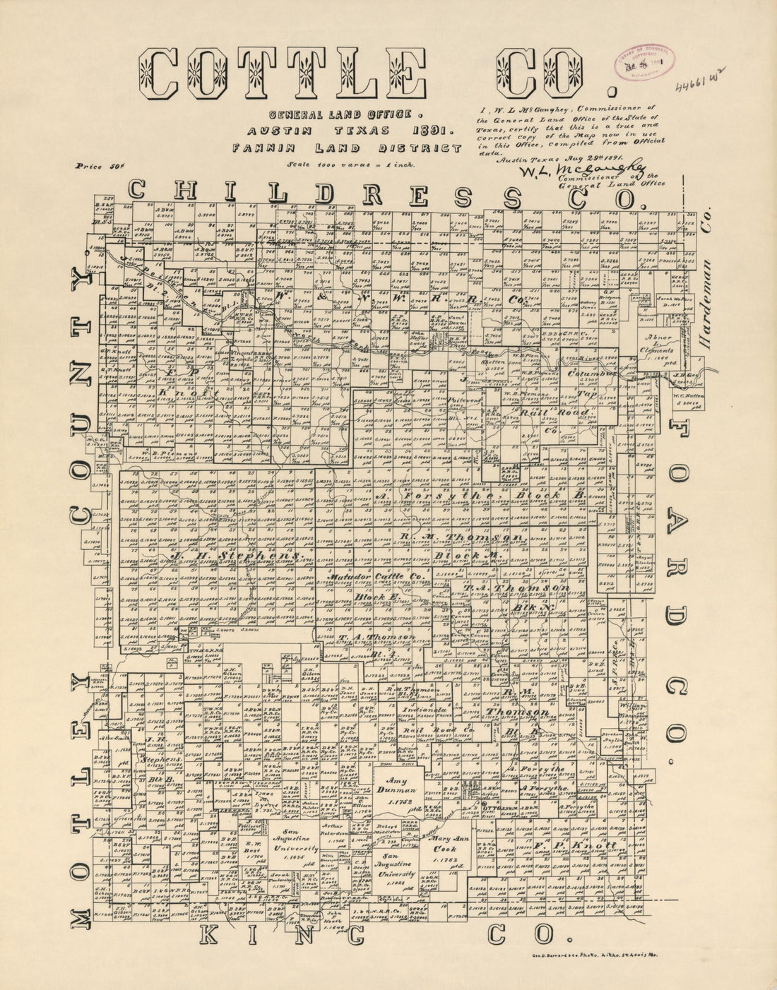 This old map of Cottle Co. (Cottle County, Texas) from 1891 was created by W. L. McGaughey, Texas. General Land Office in 1891