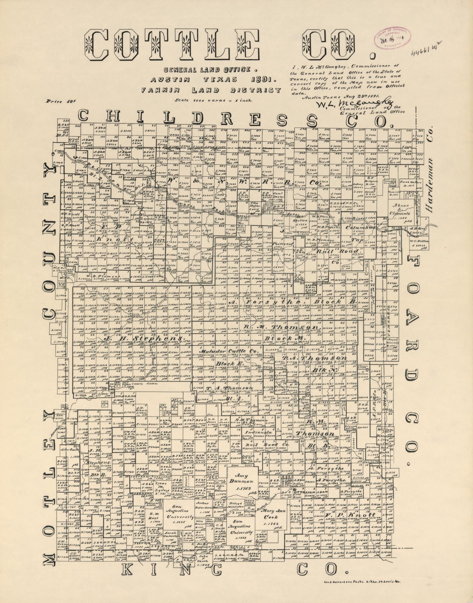 This old map of Cottle Co. (Cottle County, Texas) from 1891 was created by W. L. McGaughey, Texas. General Land Office in 1891