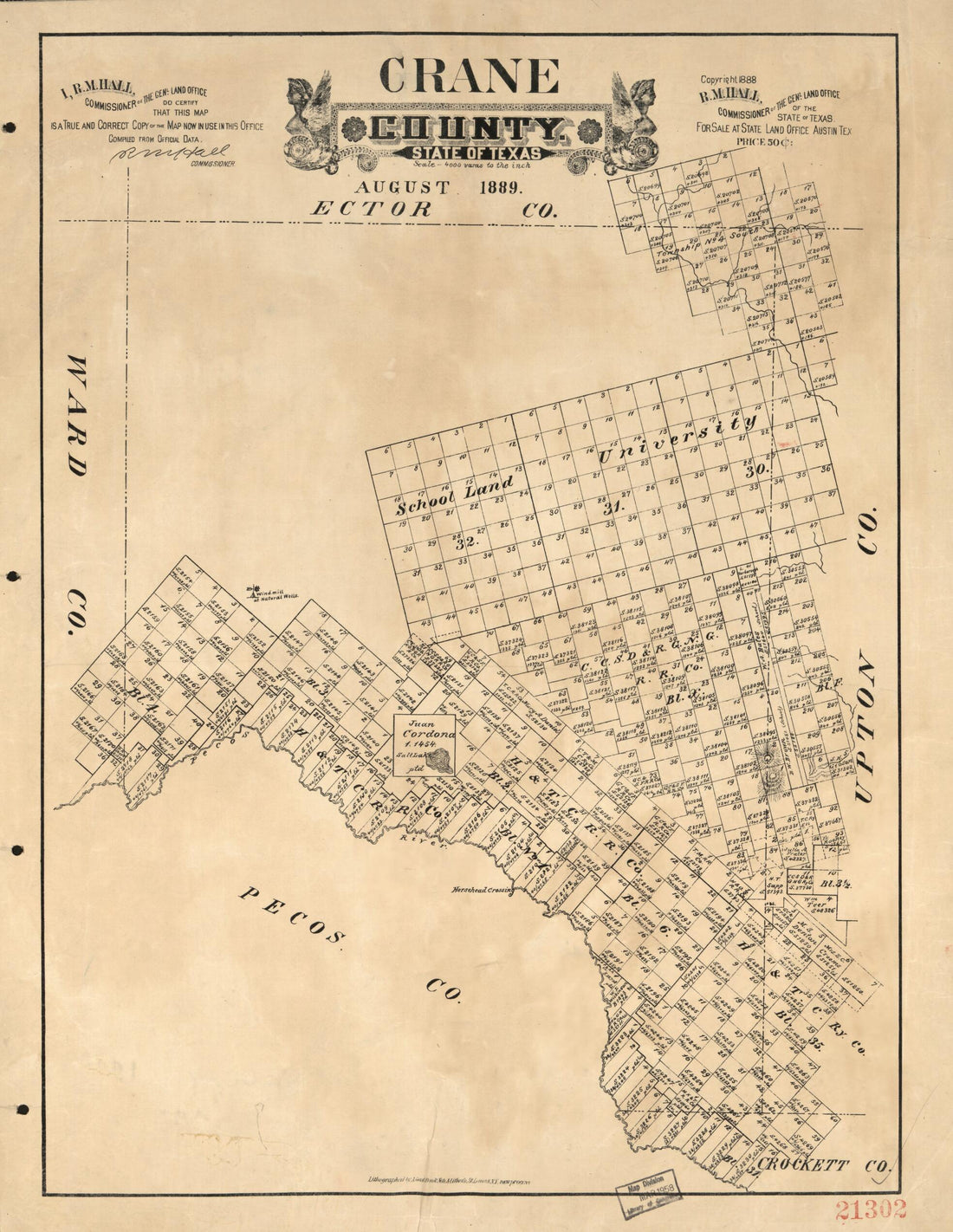 This old map of Crane County, State of Texas from 1889 was created by R. M. Hall, Texas. General Land Office in 1889