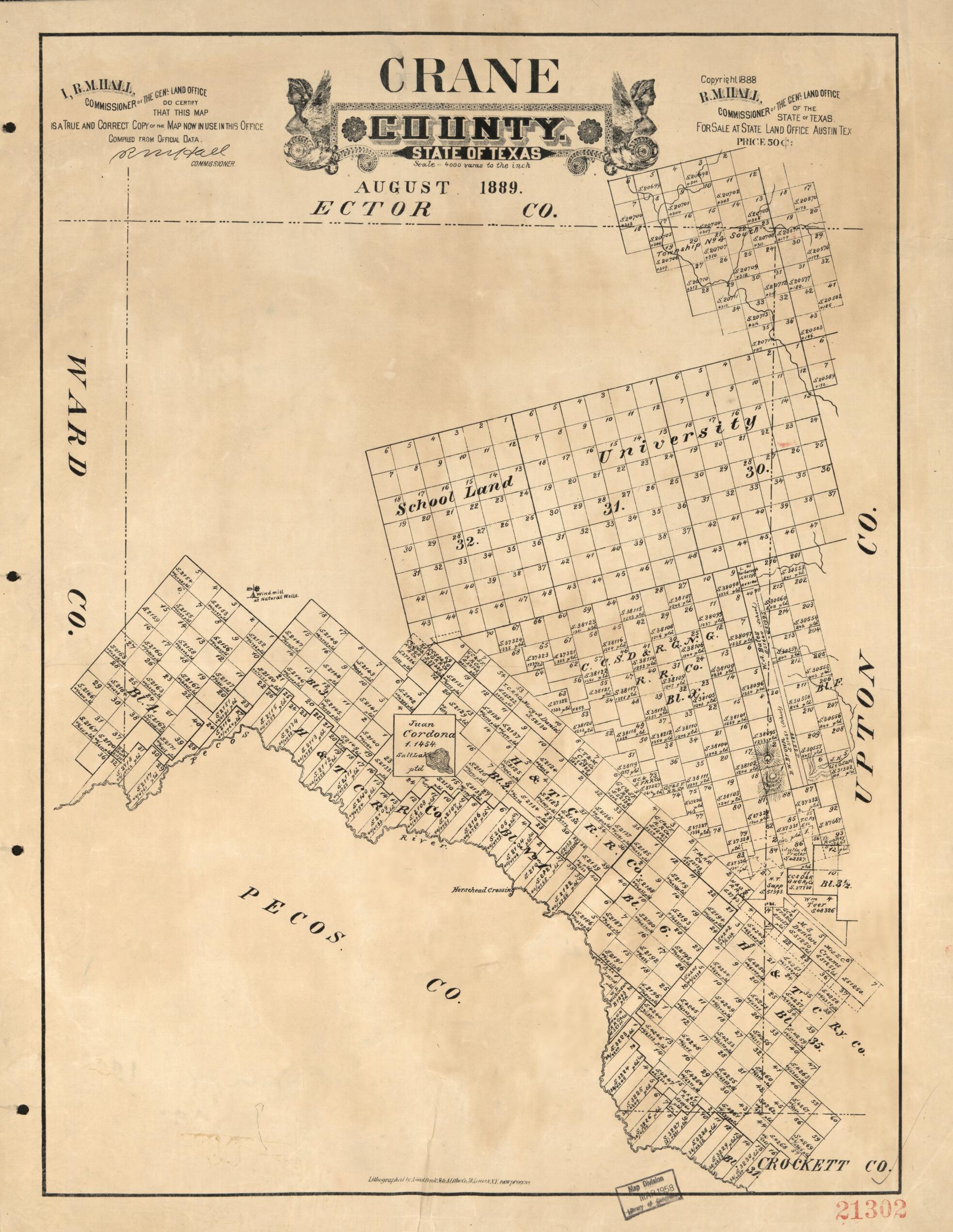 This old map of Crane County, State of Texas from 1889 was created by R. M. Hall, Texas. General Land Office in 1889