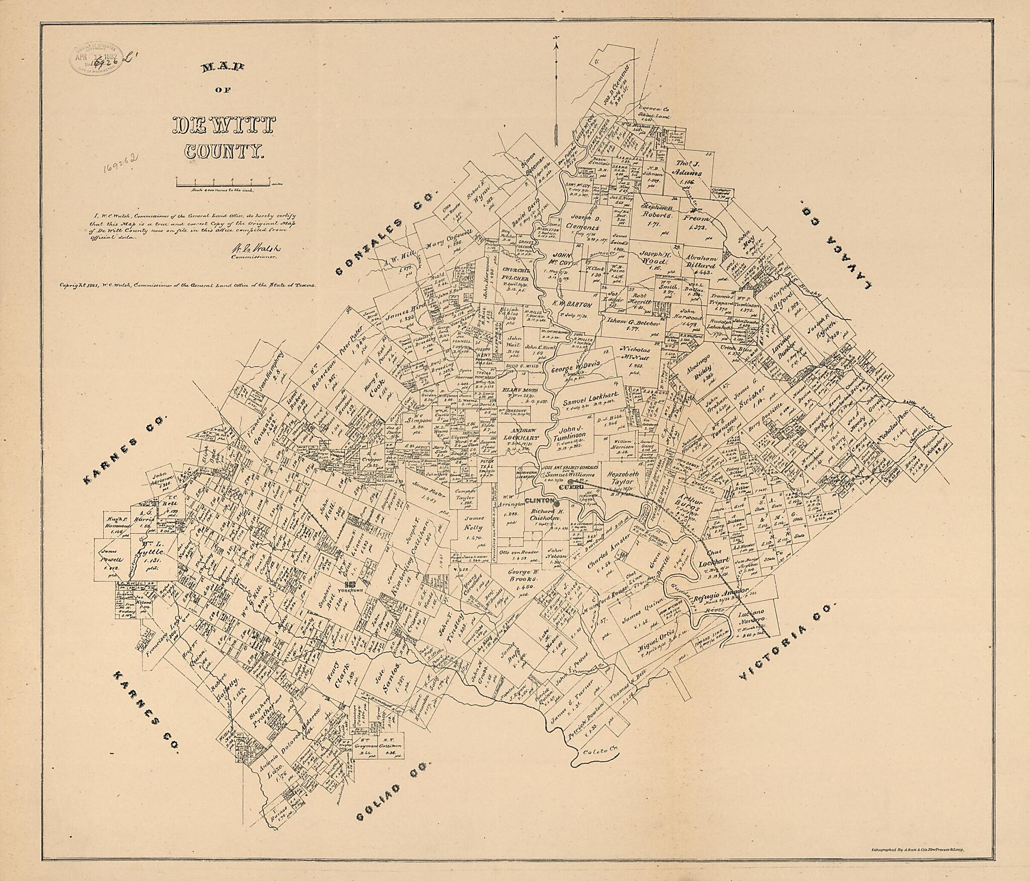 This old map of Map of De Witt County from 1881 was created by August Gast & Co, Texas. General Land Office, W. C. (William C.) Walsh in 1881