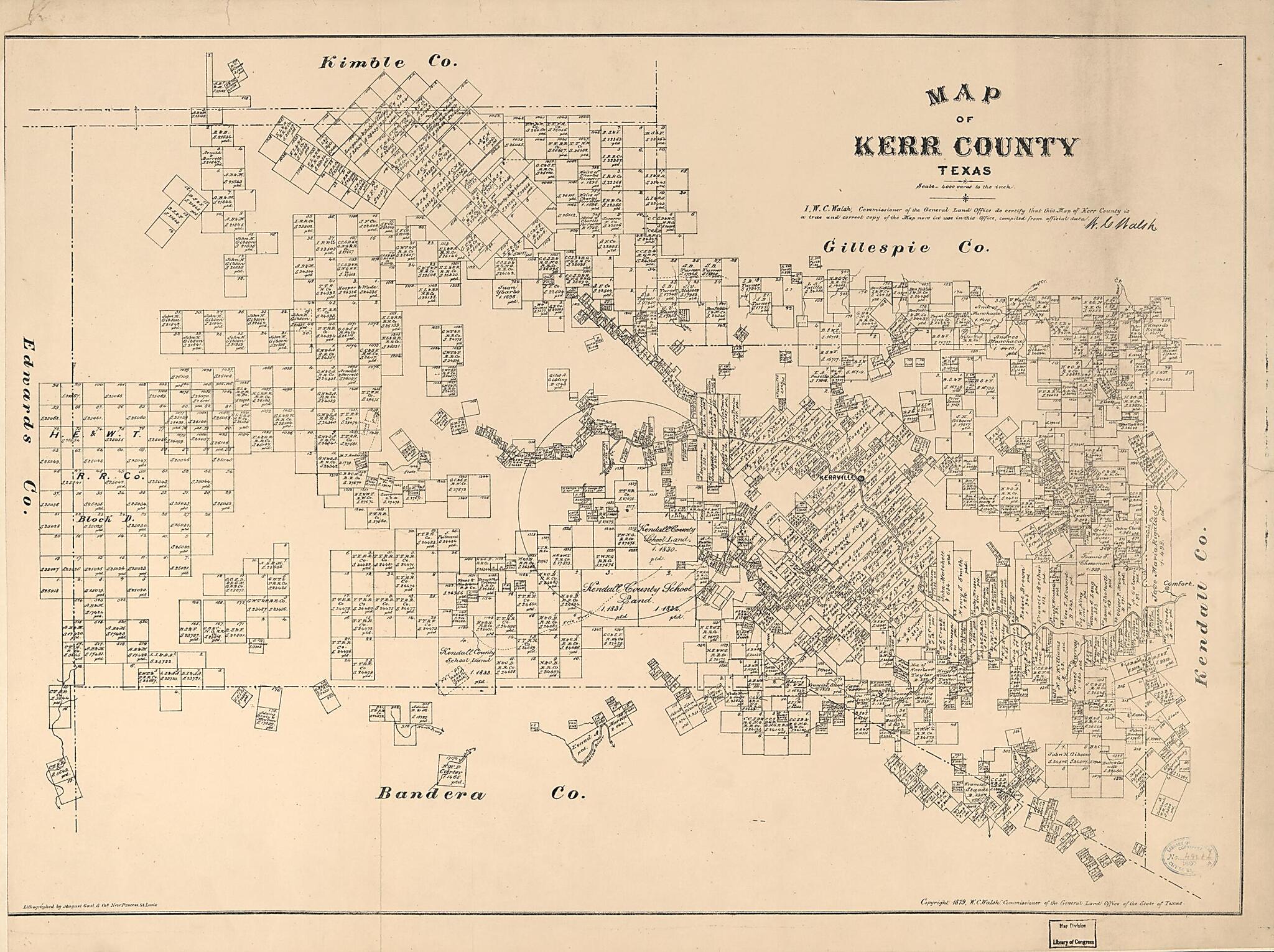 This old map of Map of Kerr County, Texas from 1879 was created by August Gast & Co, W. C. (William C.) Walsh in 1879