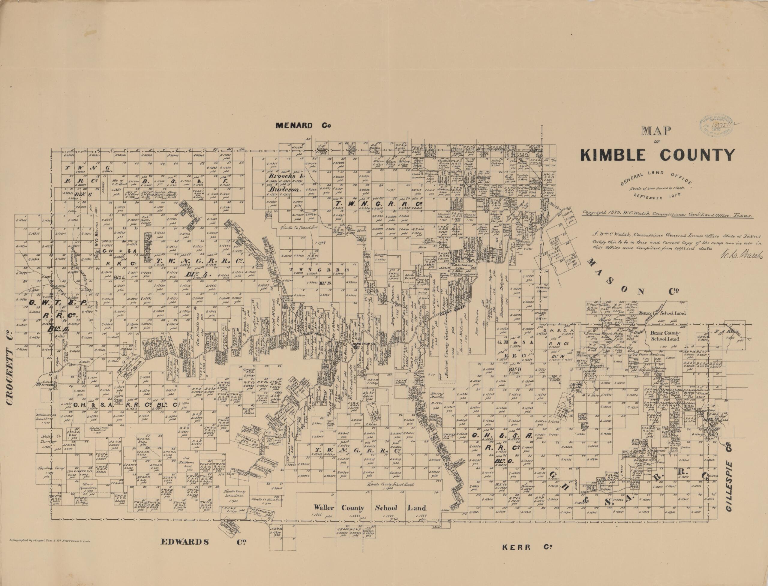 This old map of Map of Kimble County from 1879 was created by August Gast & Co, Texas. General Land Office, W. C. (William C.) Walsh in 1879