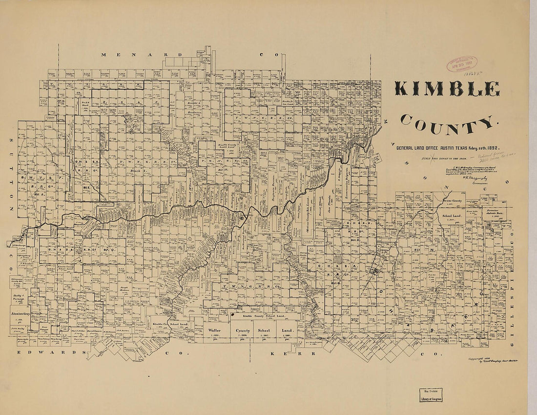 This old map of Kimble County from 1892 was created by W. L. McGaughey, Texas. General Land Office in 1892