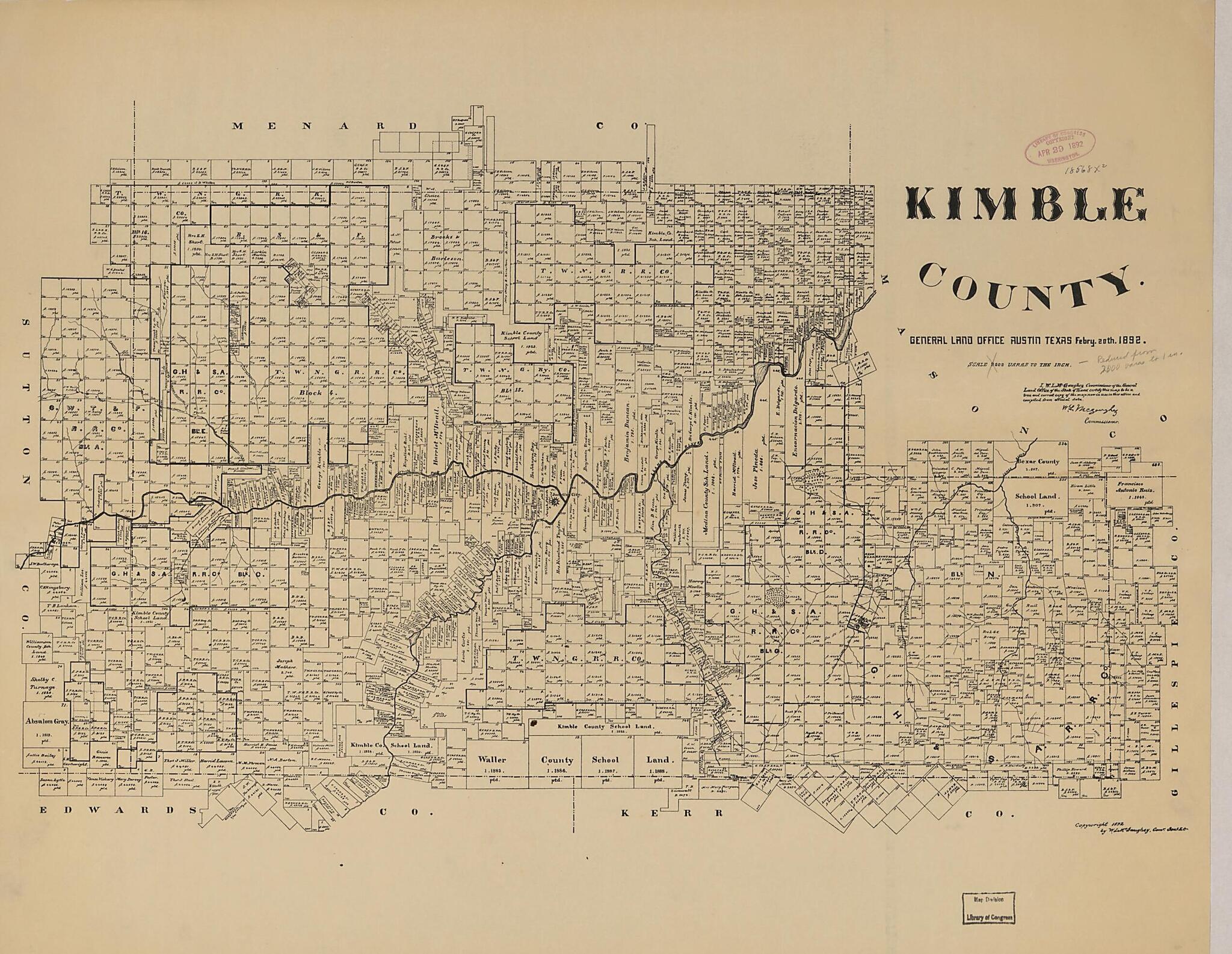 This old map of Kimble County from 1892 was created by W. L. McGaughey, Texas. General Land Office in 1892