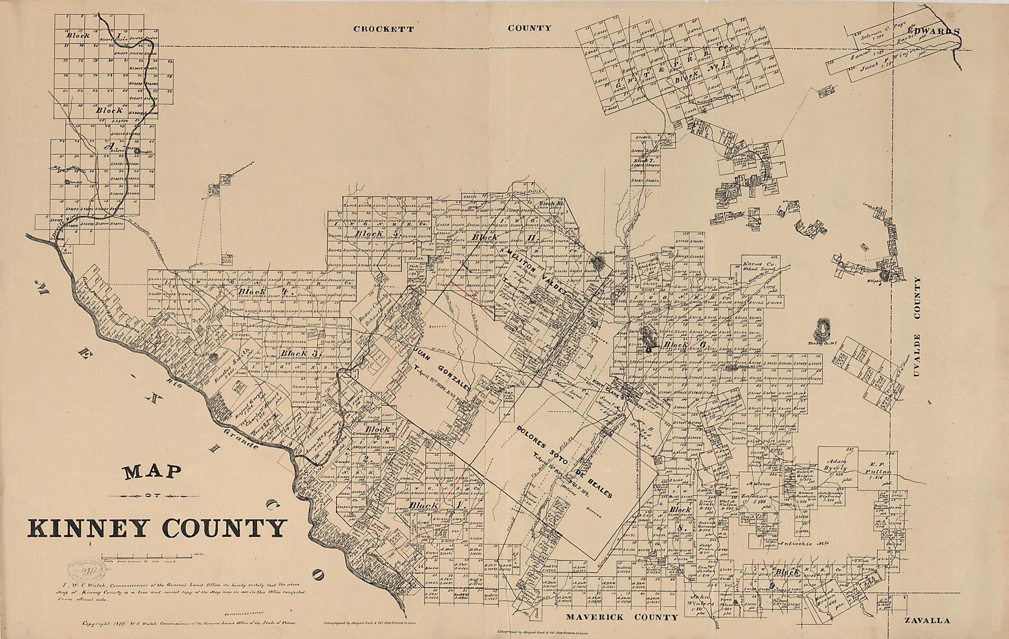 This old map of Map of Kinney County from 1879 was created by August Gast & Co, Texas. General Land Office, W. C. (William C.) Walsh in 1879